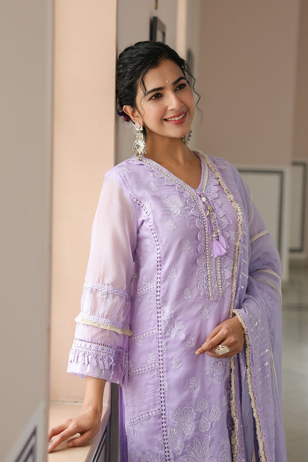 Lavender Organza Embroidered Straight Suit