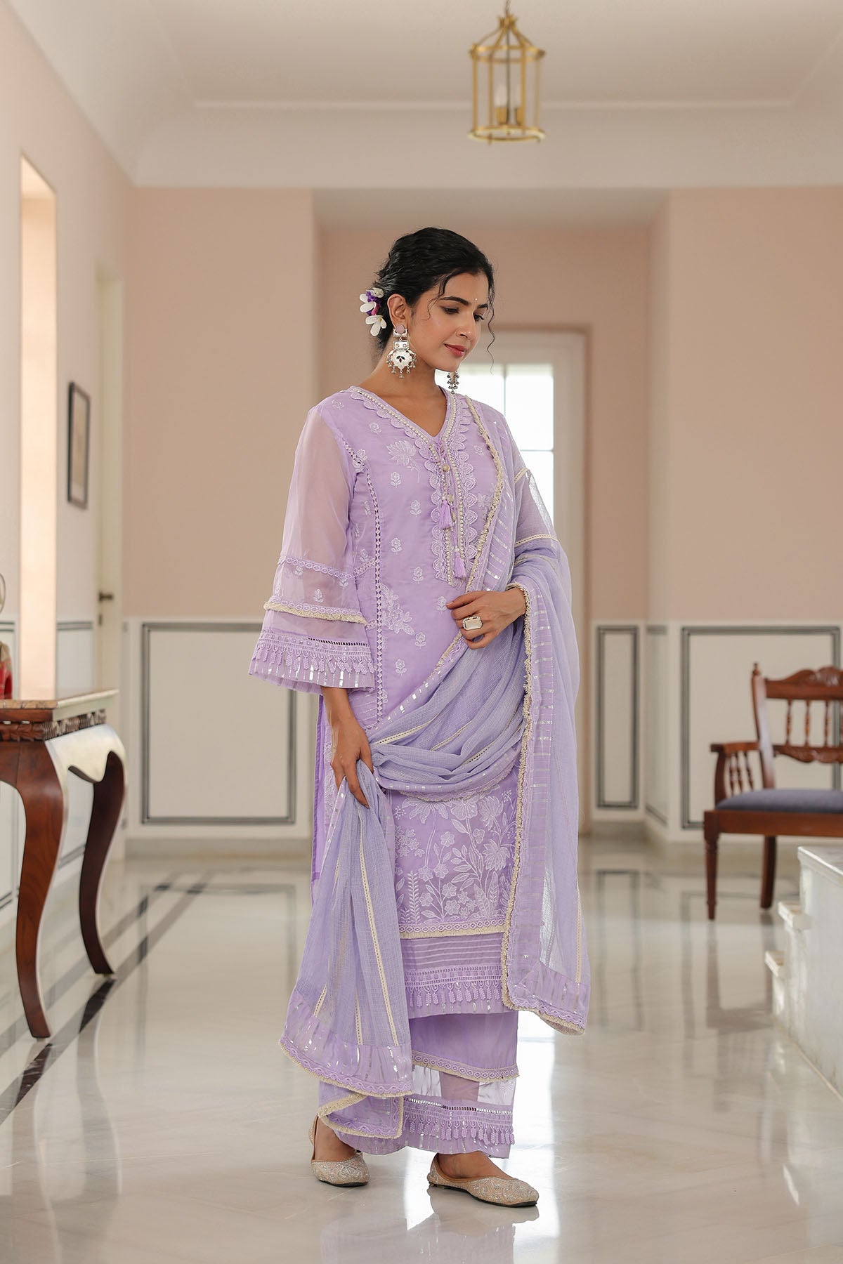 Lavender Organza Embroidered Straight Suit