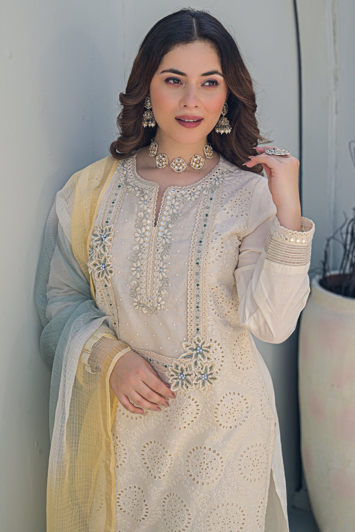 Off White Cotton Embroidered Suit Set