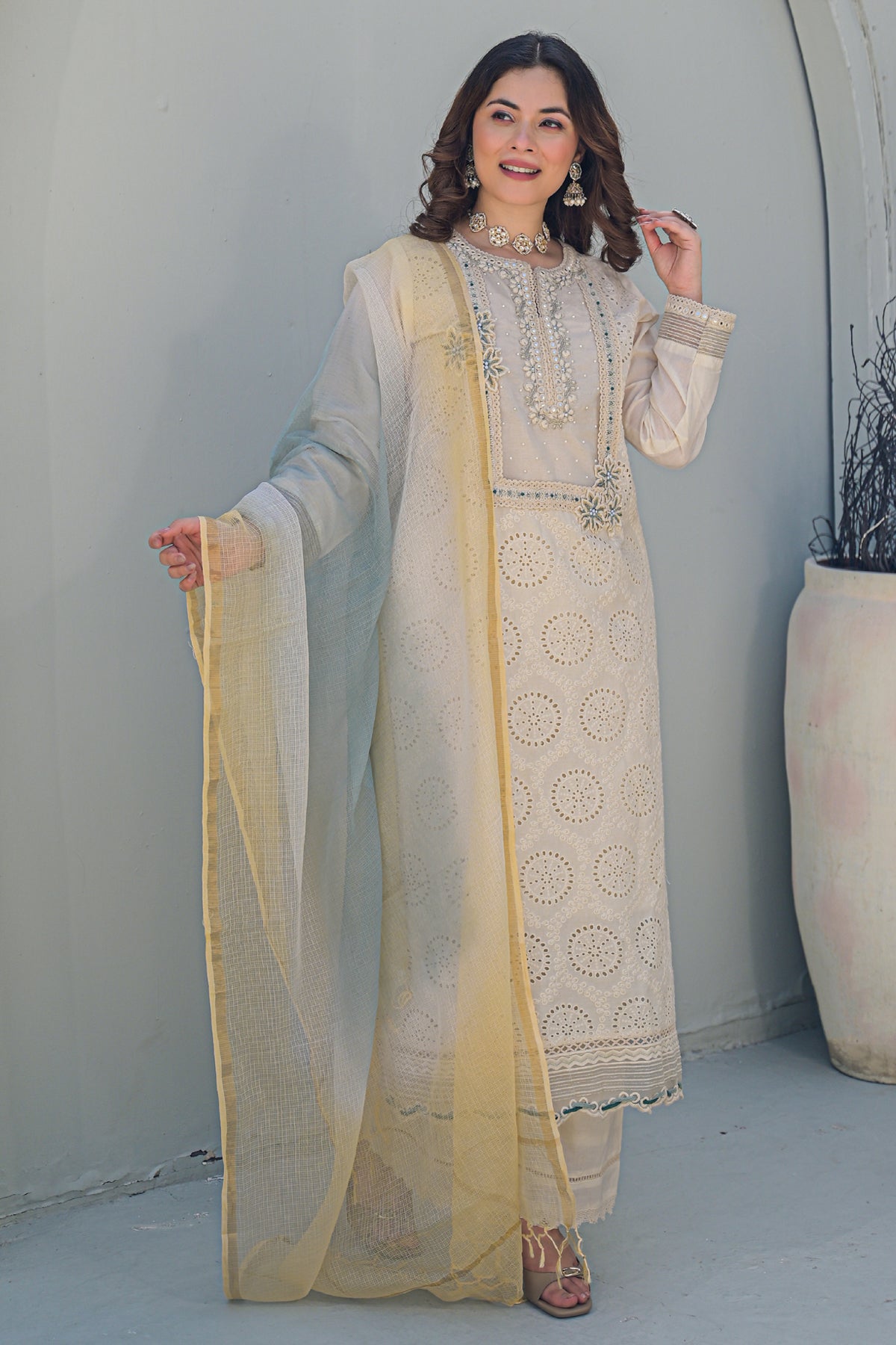 Off White Cotton Embroidered Suit Set