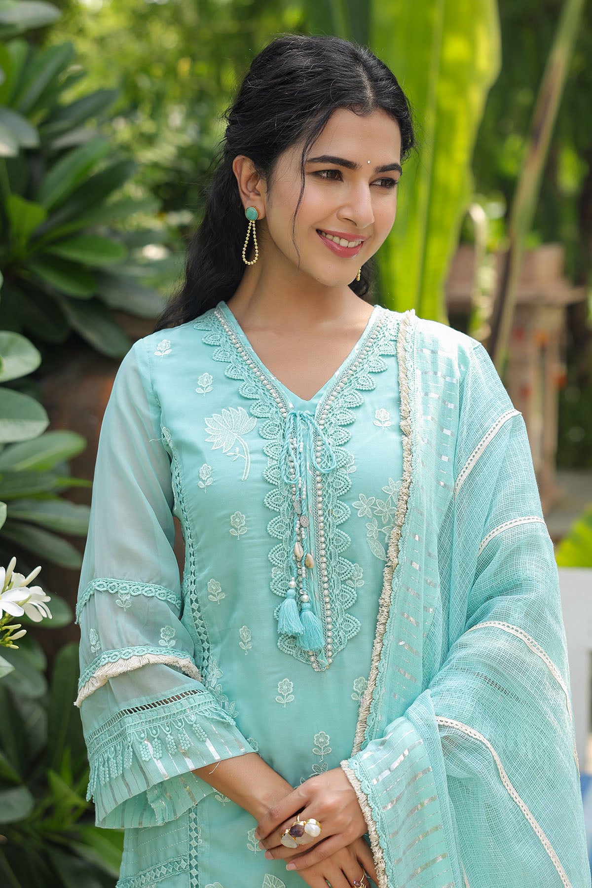 Sea Green Organza Embroidered Straight Suit