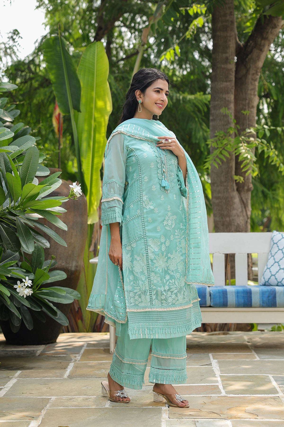 Sea Green Organza Embroidered Straight Suit