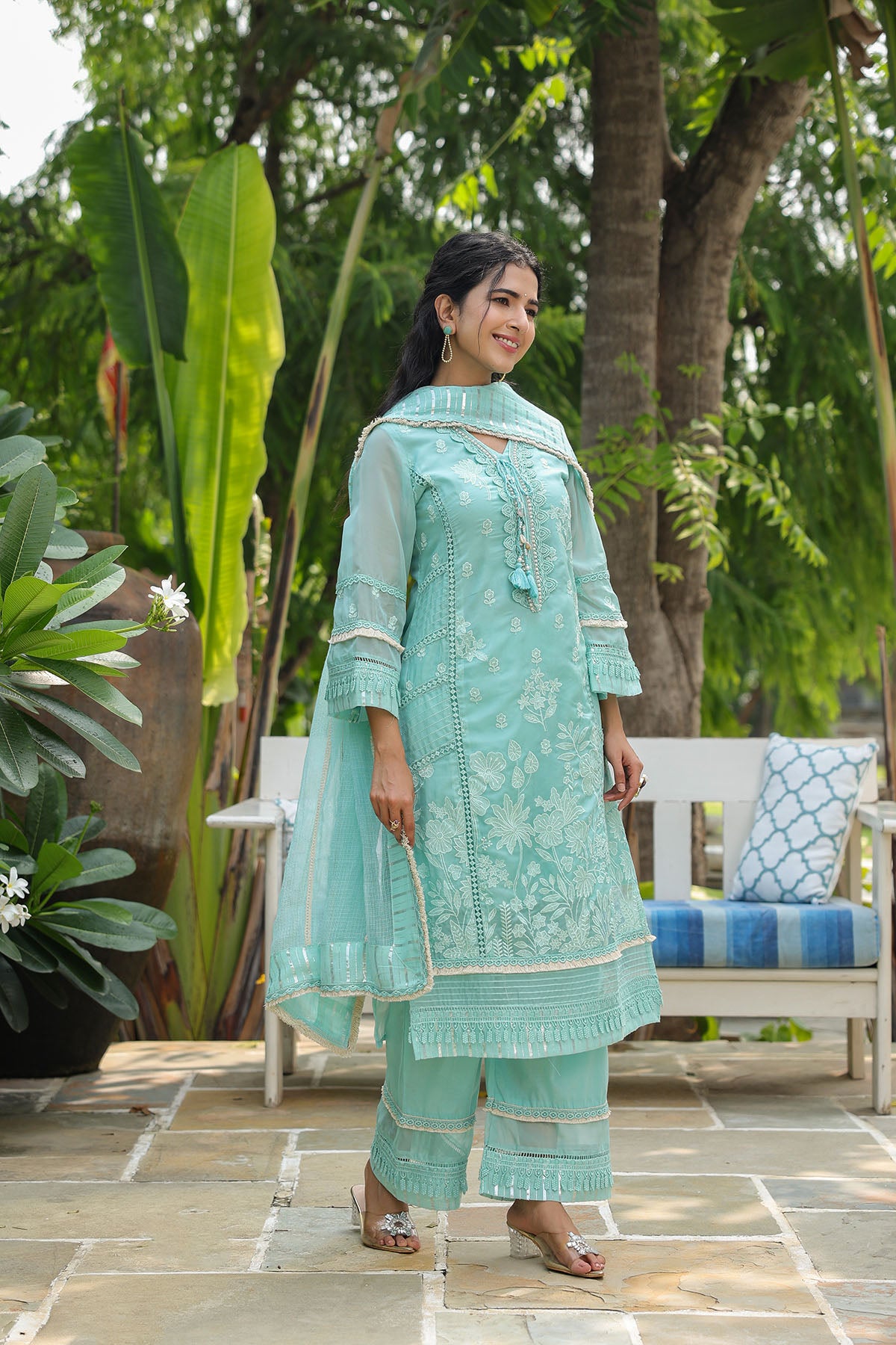 Sea Green Organza Embroidered Straight Suit