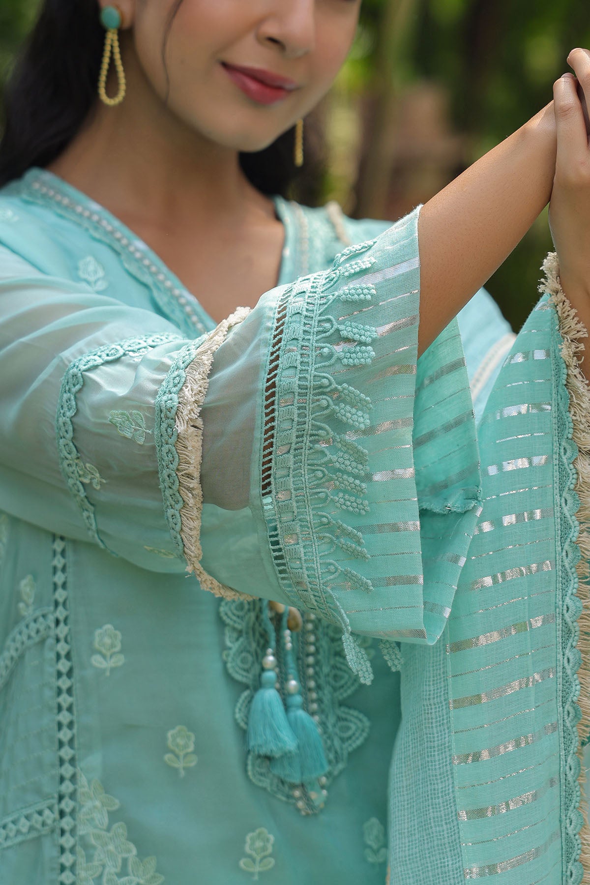 Sea Green Organza Embroidered Straight Suit