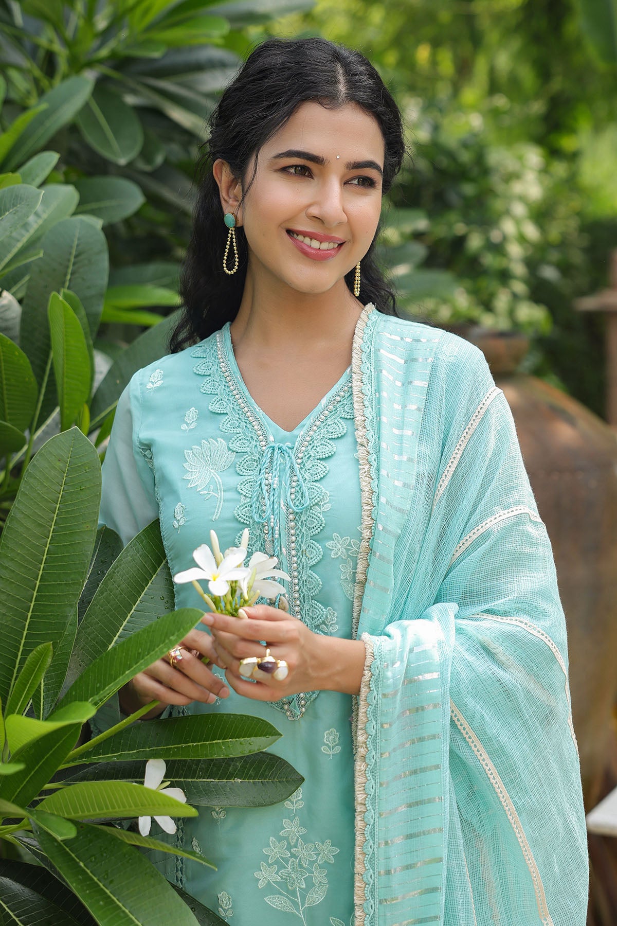 Sea Green Organza Embroidered Straight Suit
