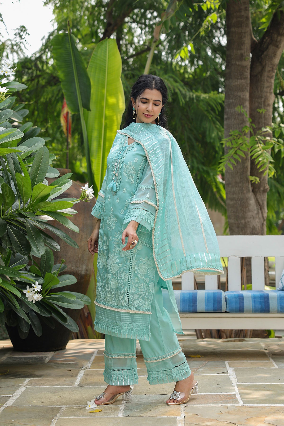 Sea Green Organza Embroidered Straight Suit