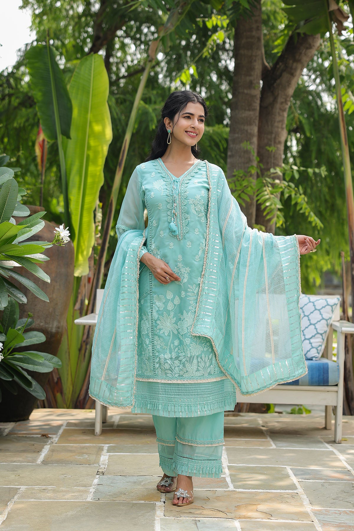 Sea Green Organza Embroidered Straight Suit
