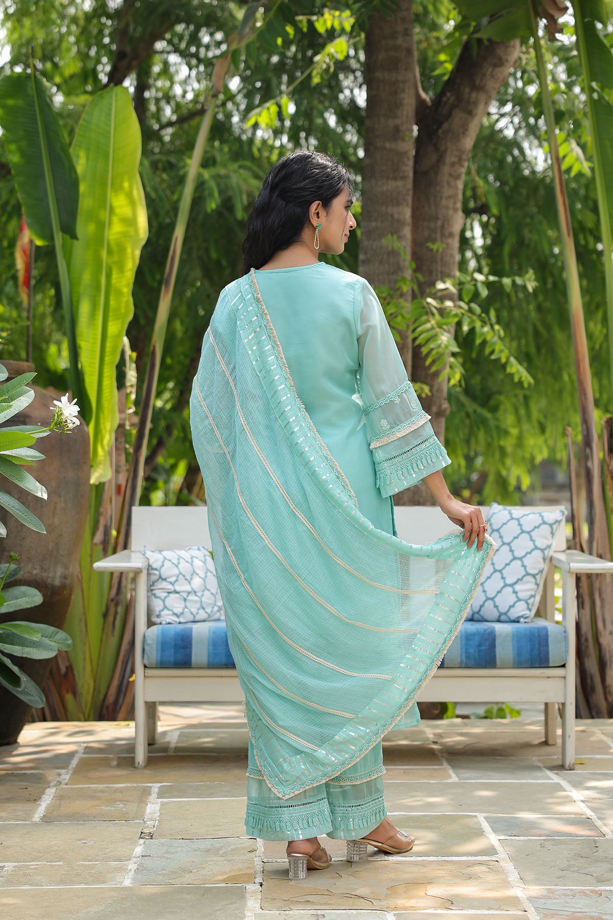 Sea Green Organza Embroidered Straight Suit