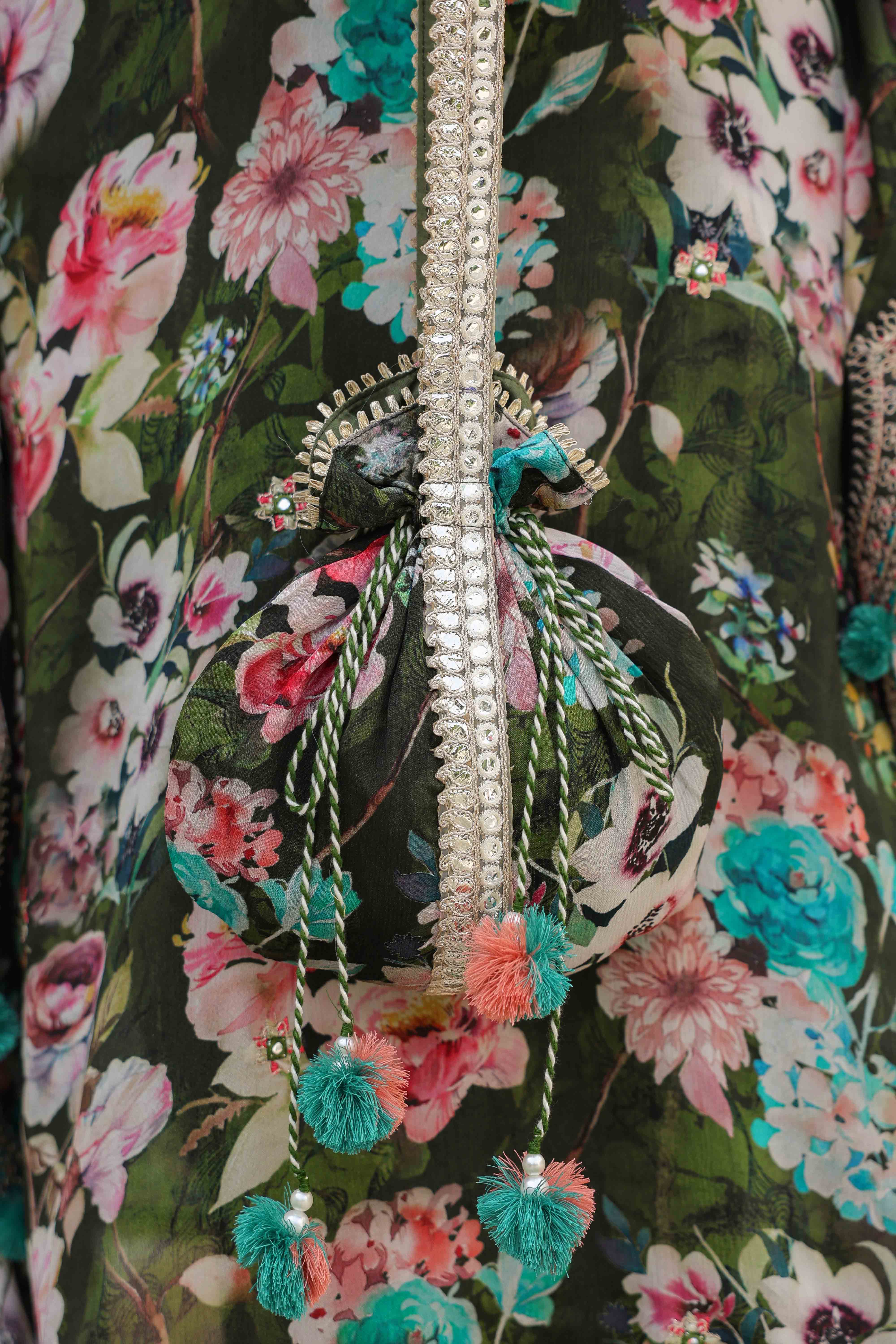 Green Chinon Embroidered Kaftan Set With Potli Bag