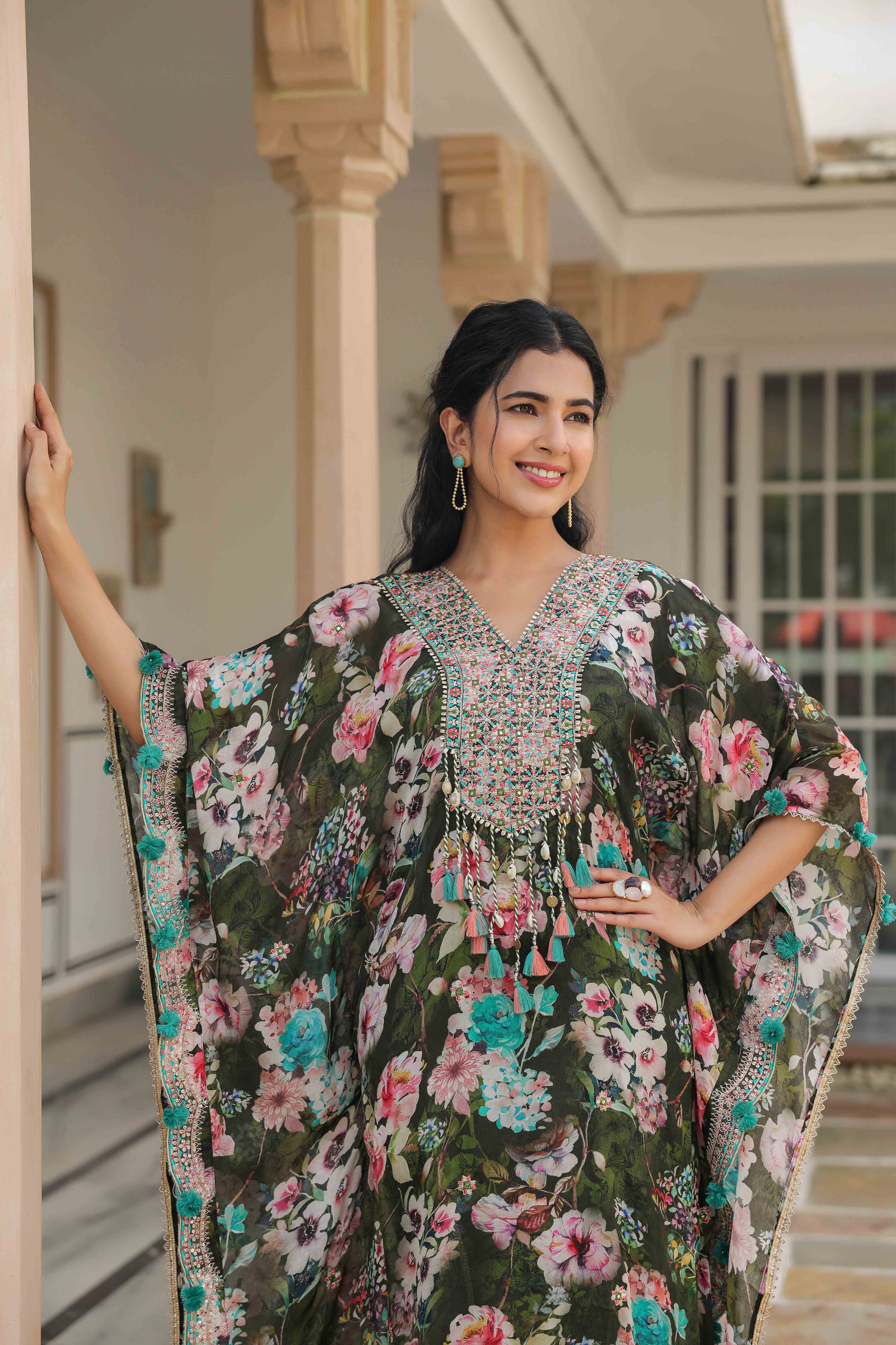 Green Chinon Embroidered Kaftan Set With Potli Bag