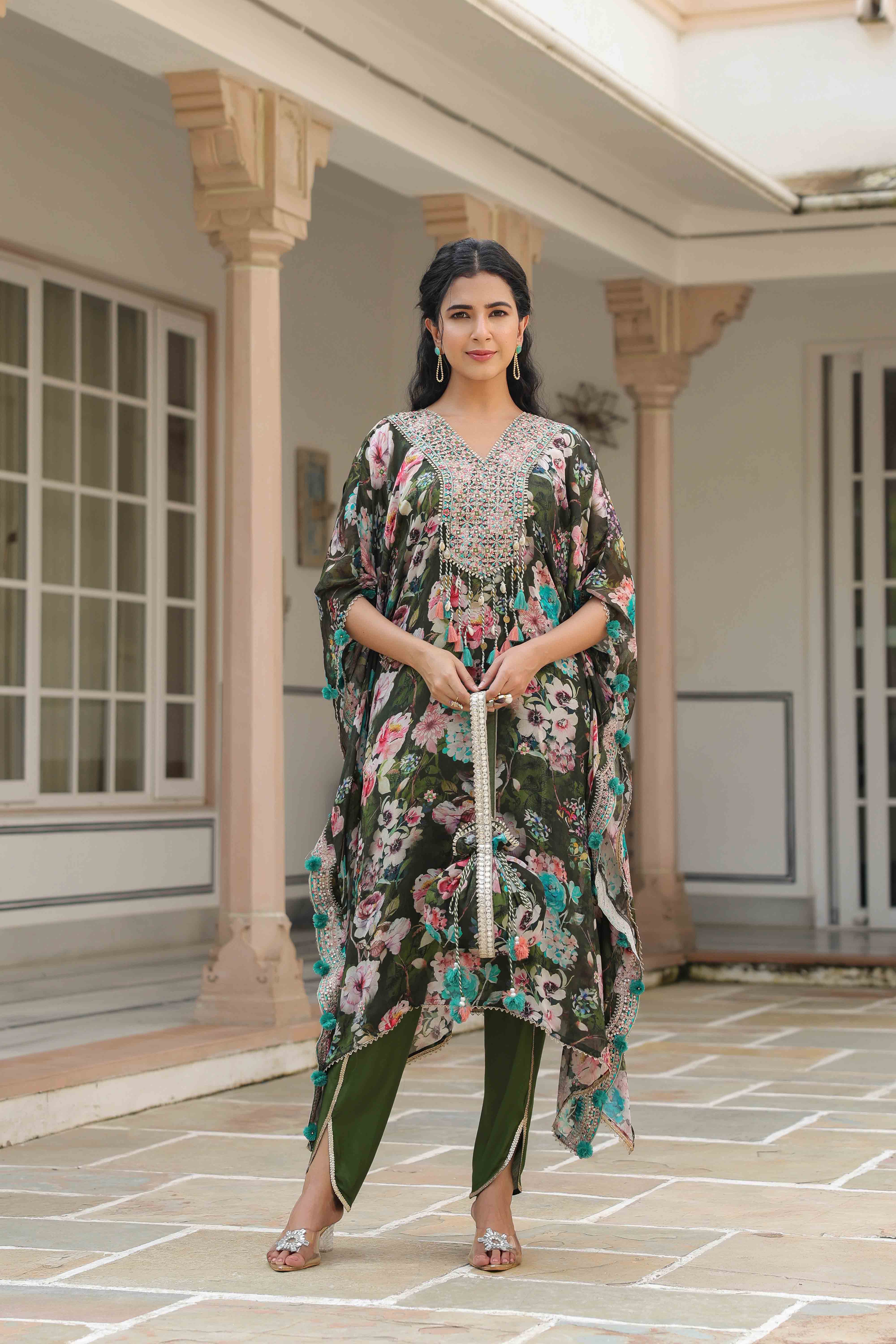 Green Chinon Embroidered Kaftan Set With Potli Bag