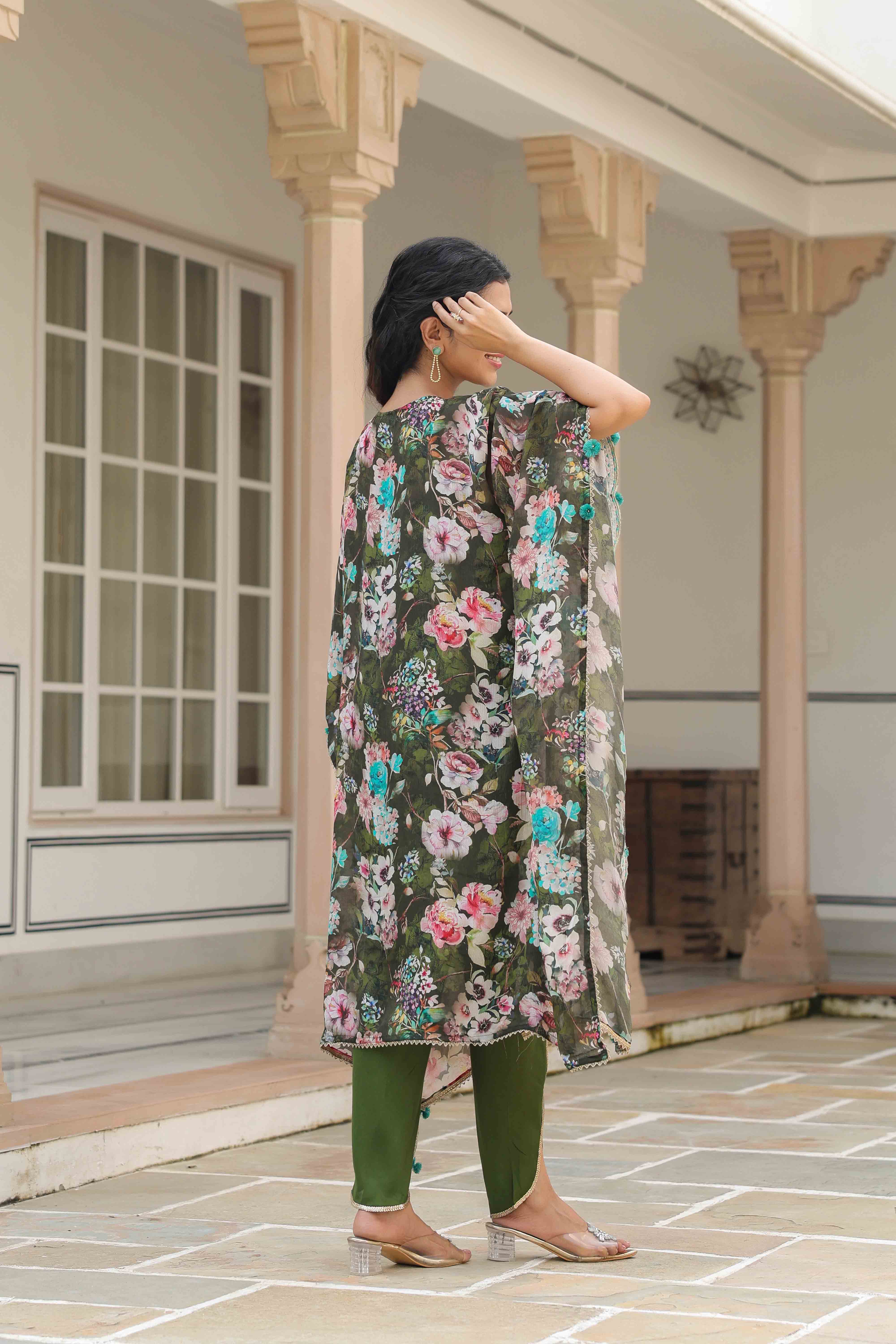 Green Chinon Embroidered Kaftan Set With Potli Bag