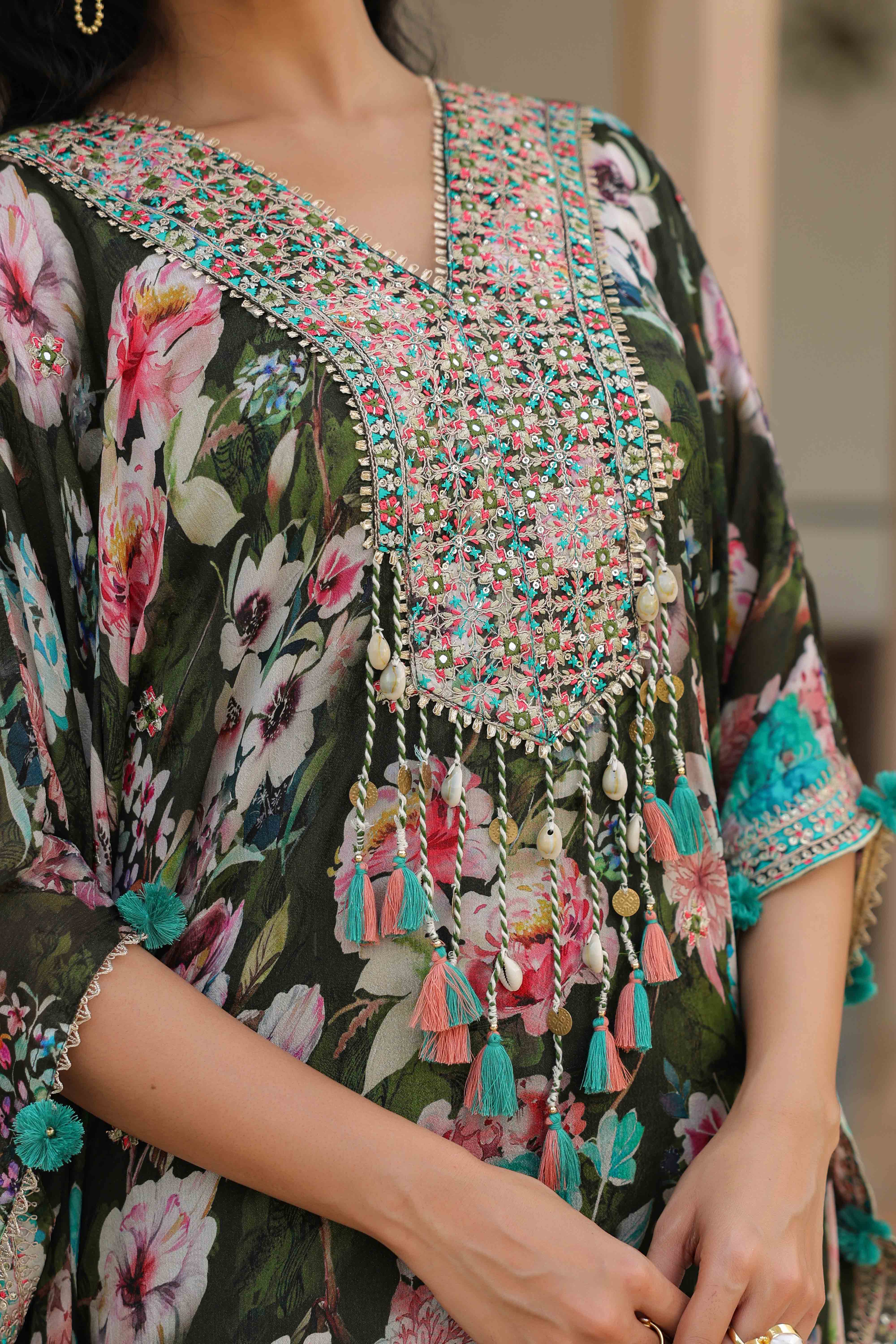 Green Chinon Embroidered Kaftan Set With Potli Bag