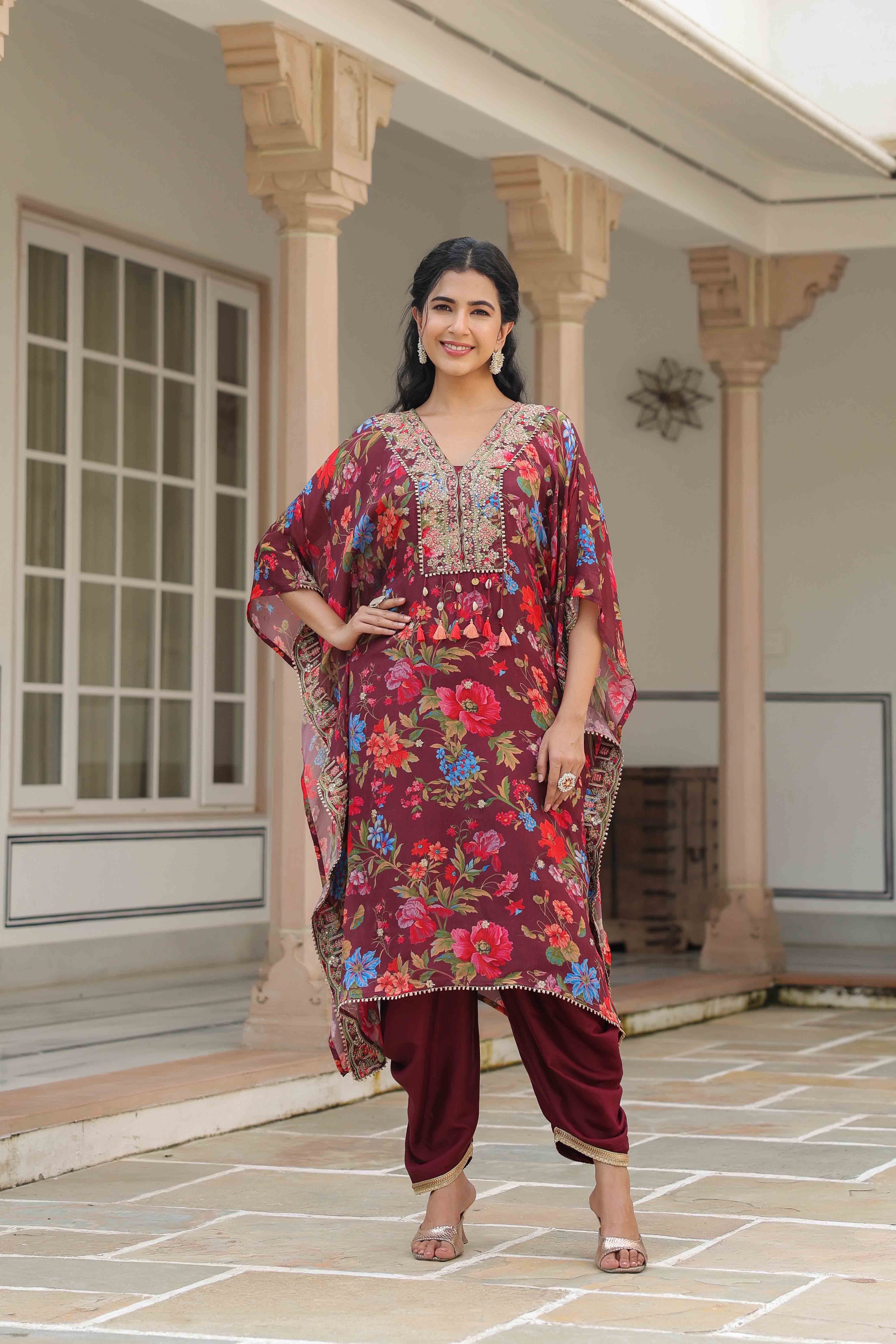 Maroon Chinon Embroidered Kaftan Set With Potli Bag