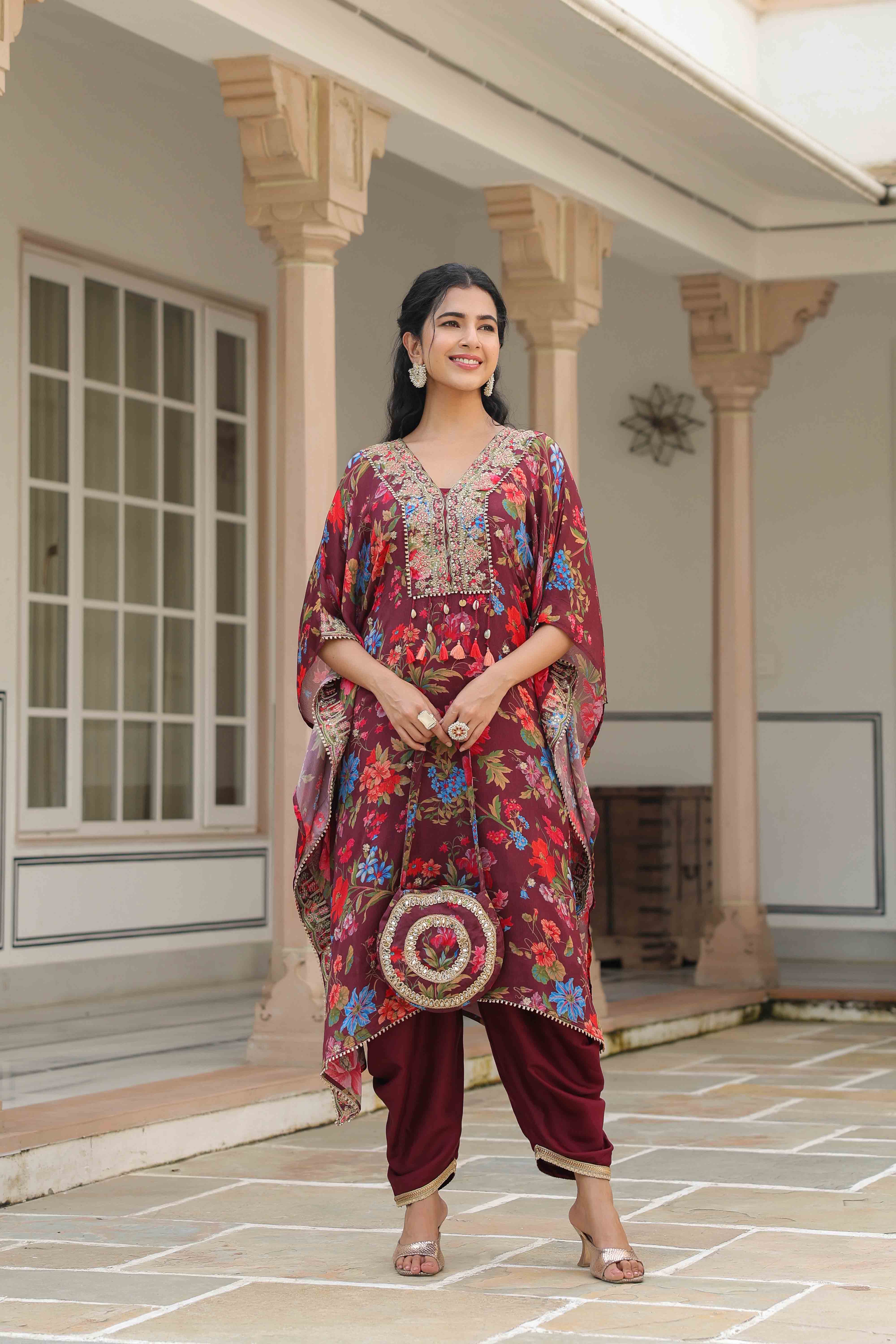 Maroon Chinon Embroidered Kaftan Set With Potli Bag