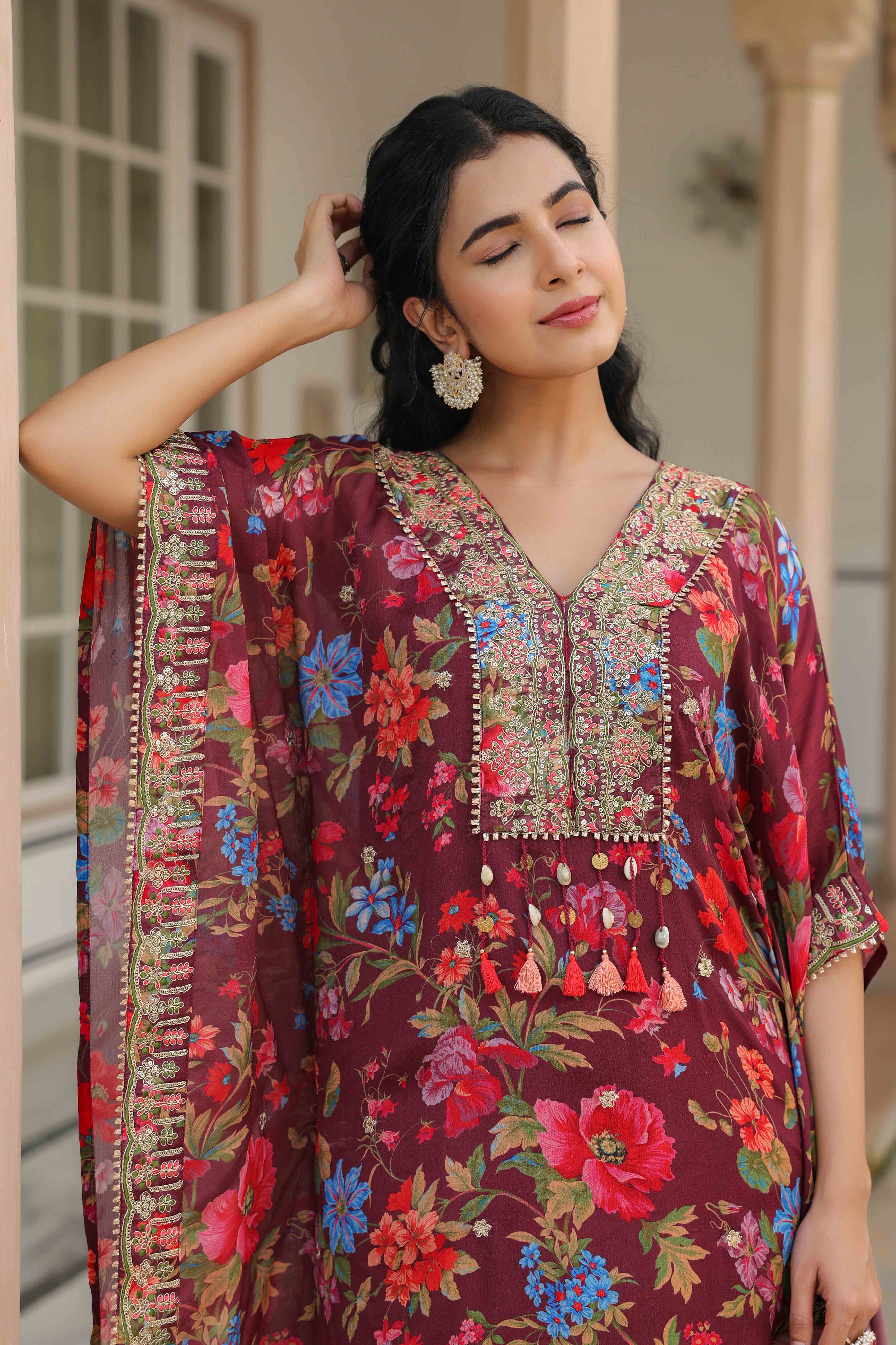 Maroon Chinon Embroidered Kaftan Set With Potli Bag