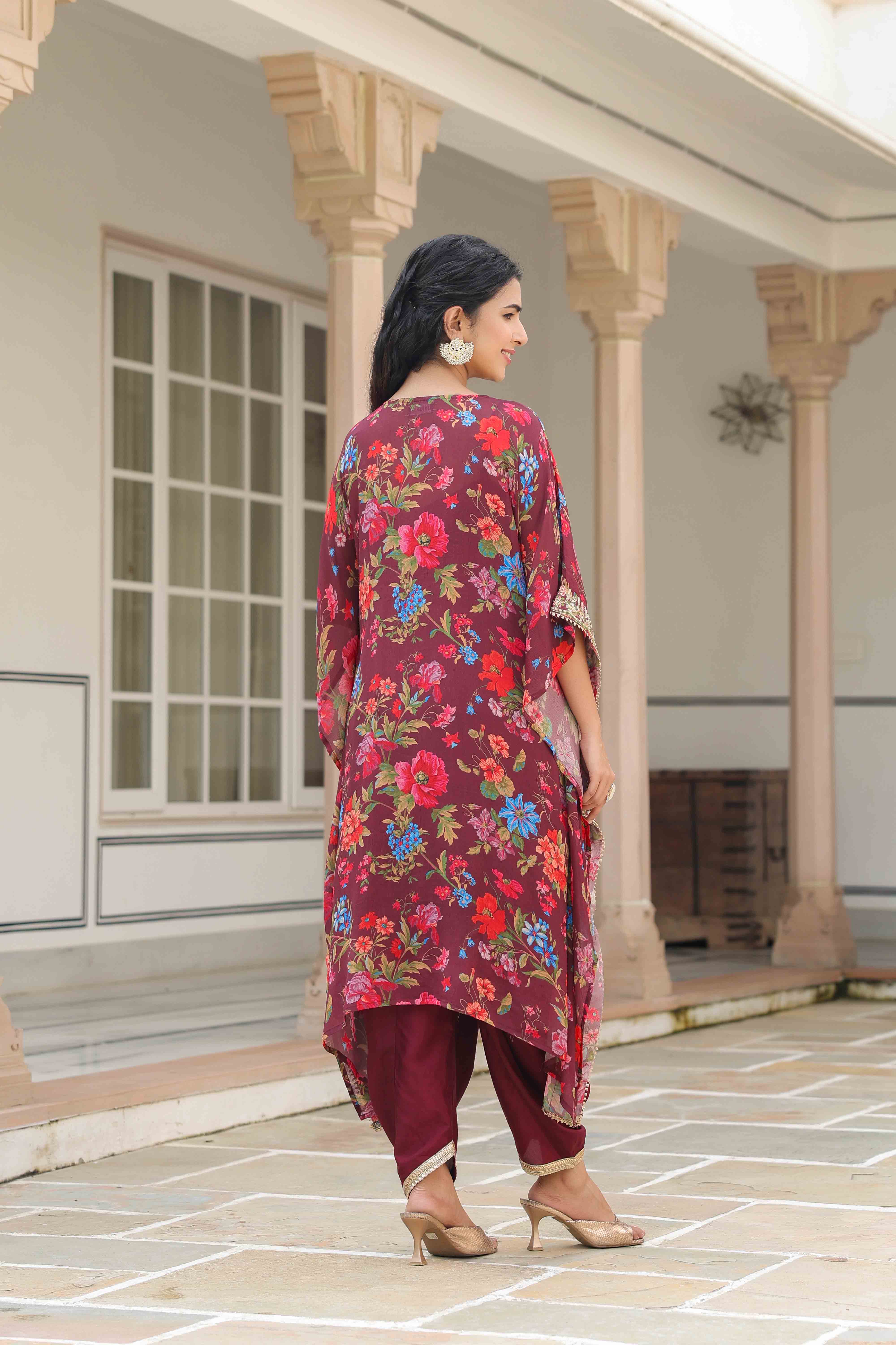 Maroon Chinon Embroidered Kaftan Set With Potli Bag