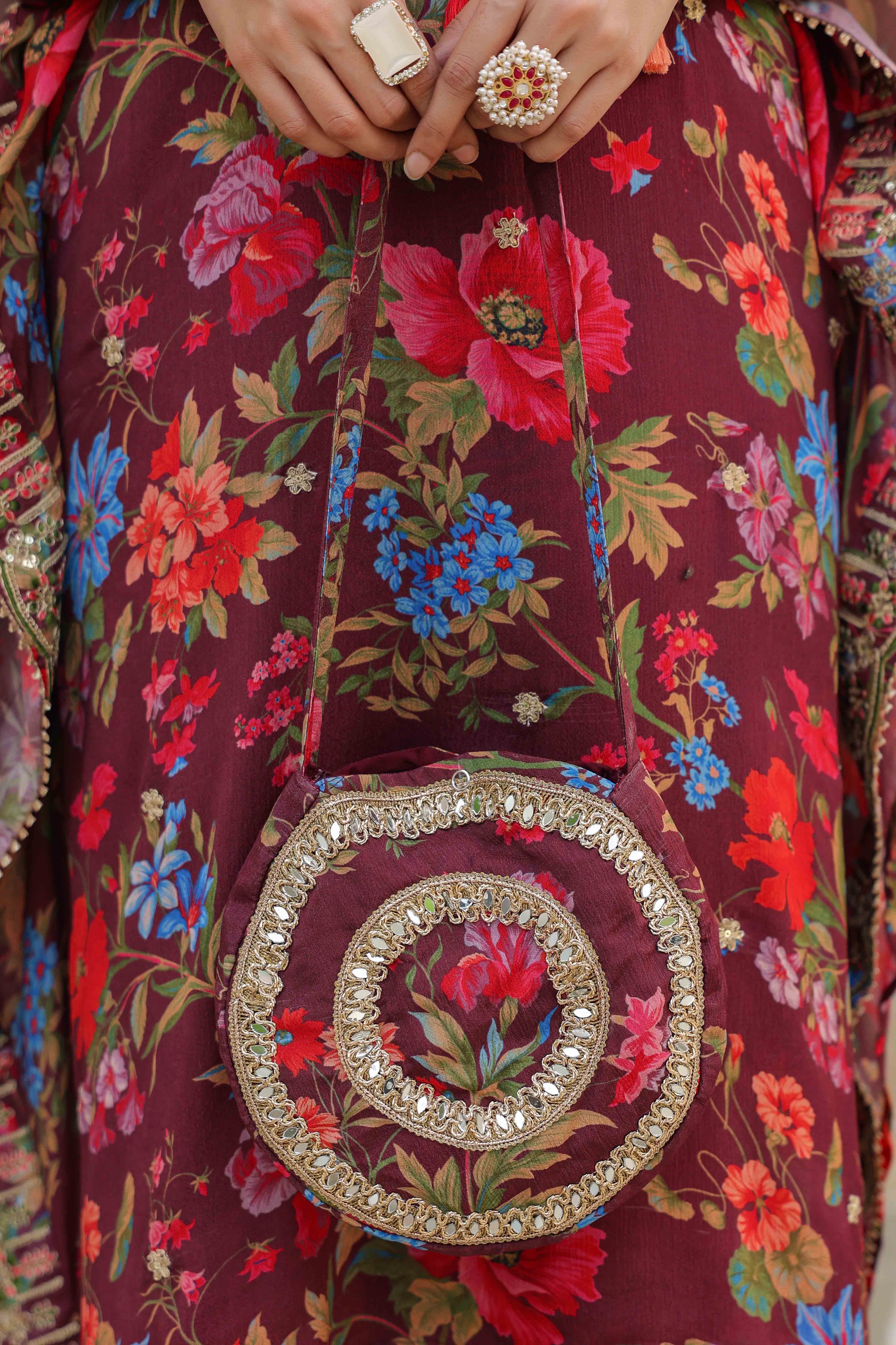 Maroon Chinon Embroidered Kaftan Set With Potli Bag