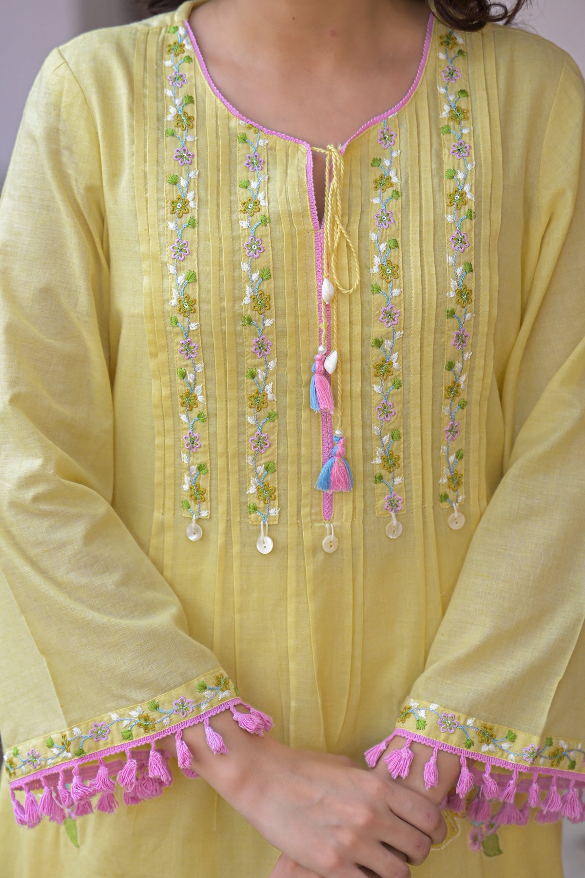 Yellow Mul Mul Embroidered Co-Ord Set