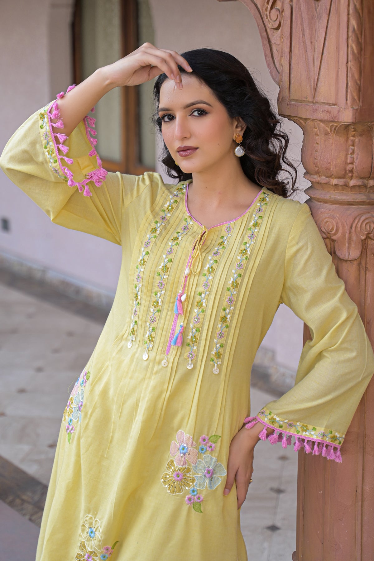Yellow Mul Mul Embroidered Co-Ord Set