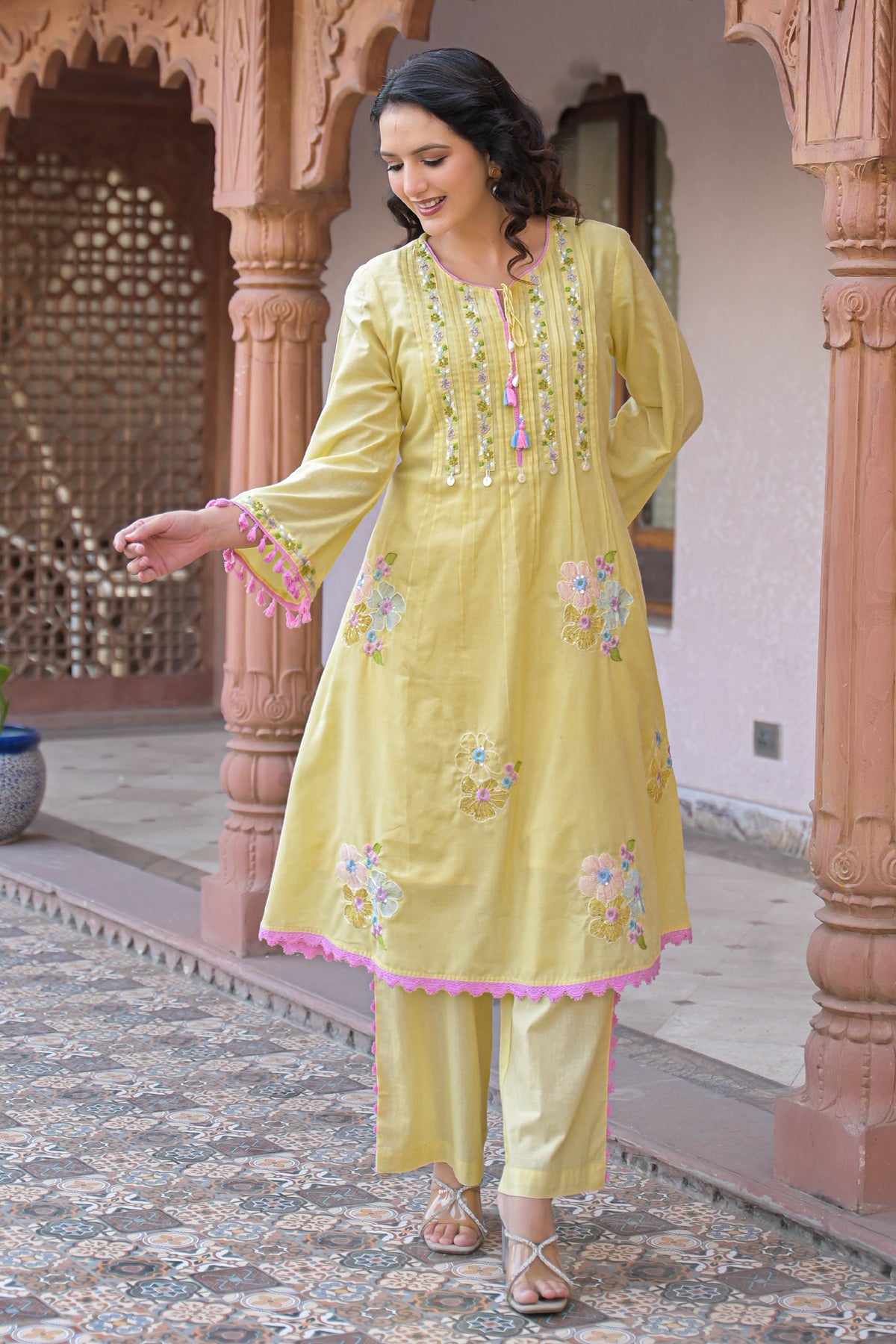 Yellow Mul Mul Embroidered Co-Ord Set