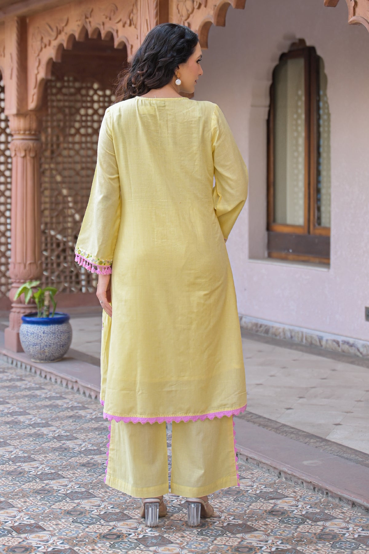 Yellow Mul Mul Embroidered Co-Ord Set