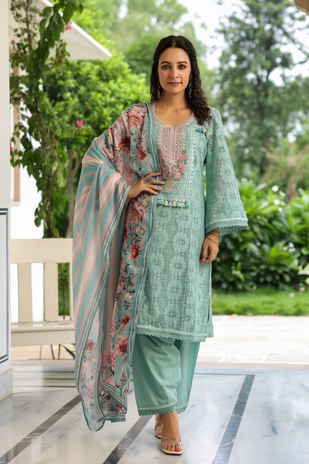 Green Schiffli Net Embroidered Straight Suit