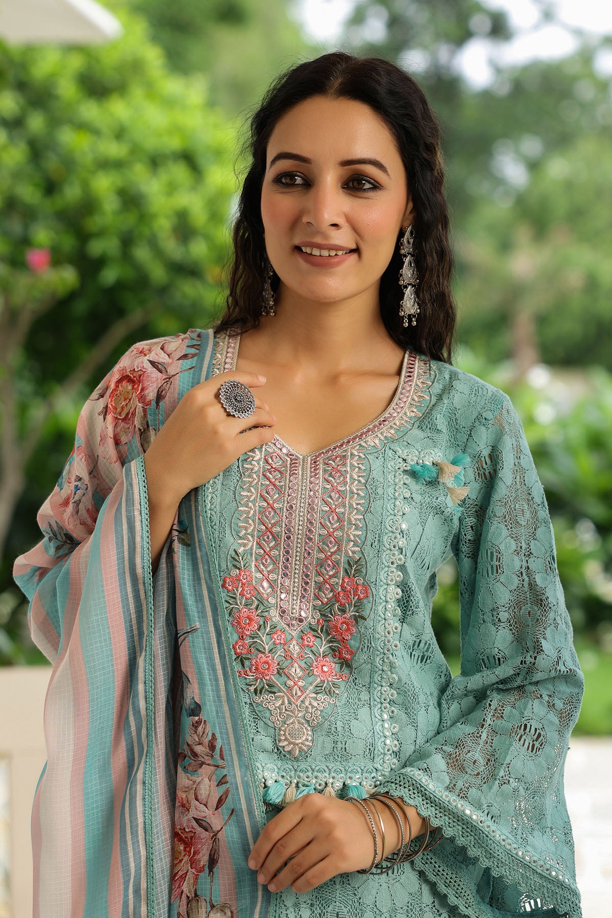 Green Schiffli Net Embroidered Straight Suit