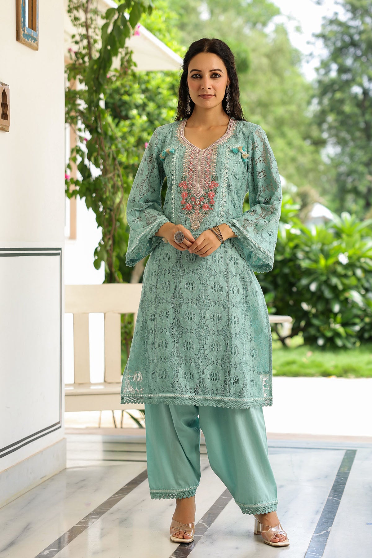 Green Schiffli Net Embroidered Straight Suit