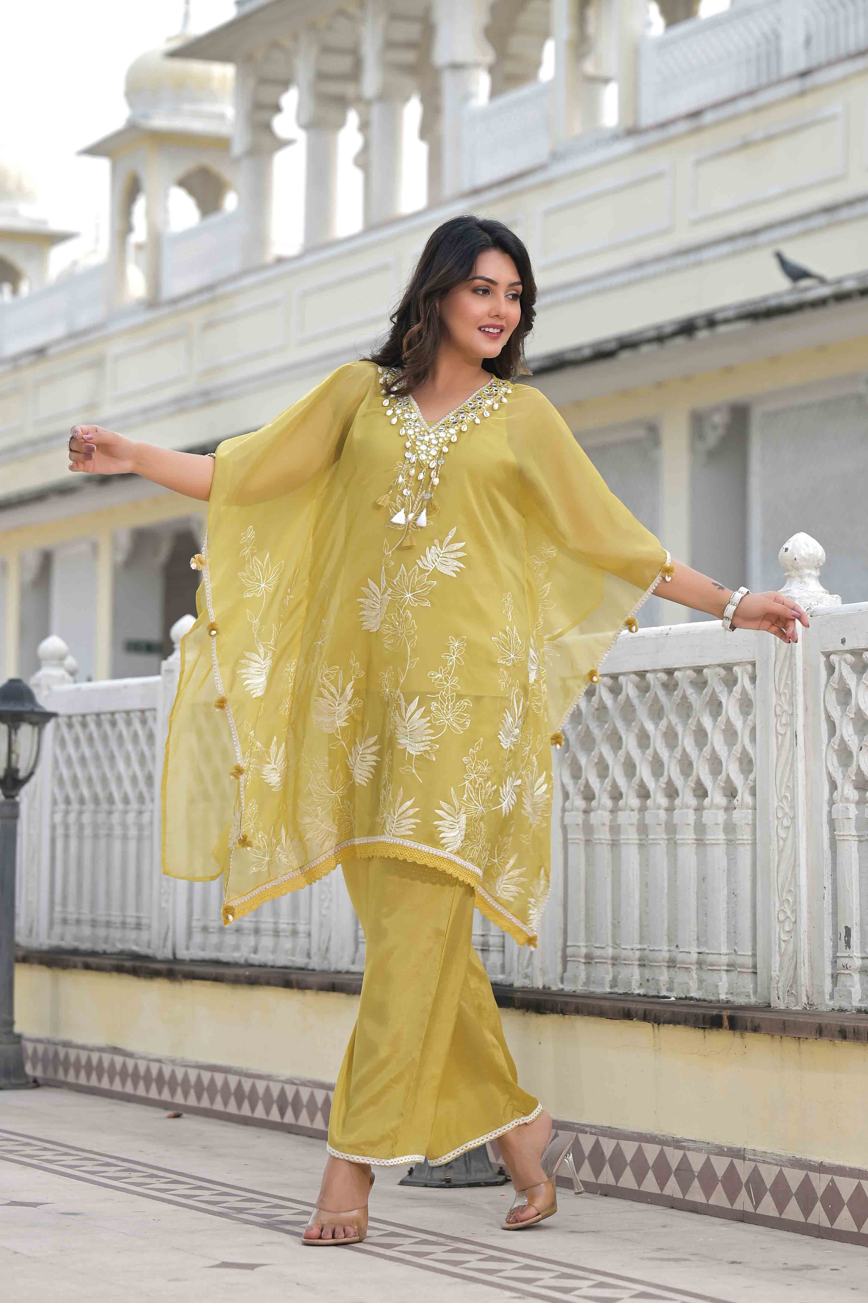 Mustard Organza Embroidered Kaftan Set With Potli Bag
