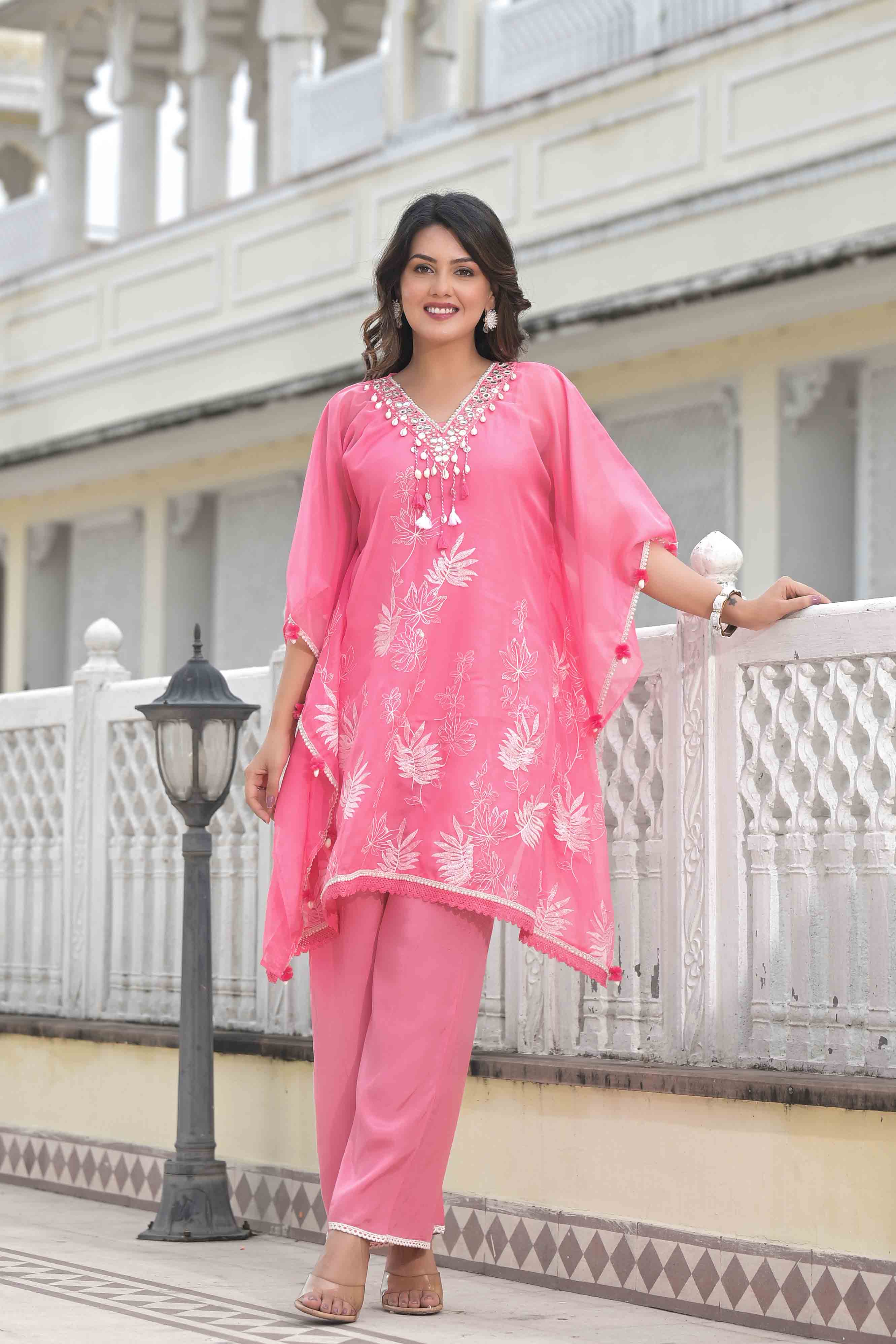 Pink Organza Embroidered Kaftan Set With Potli Bag