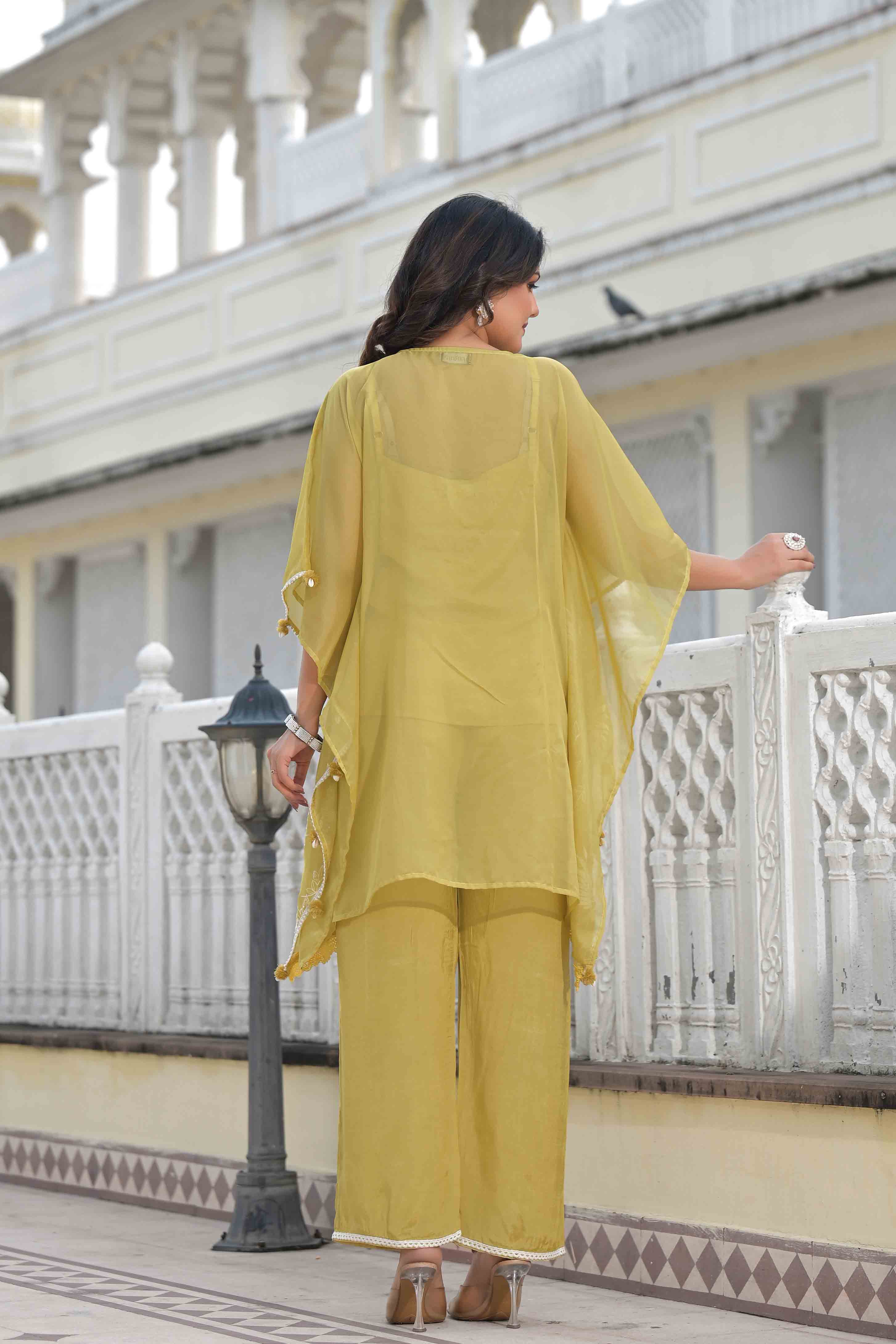 Mustard Organza Embroidered Kaftan Set With Potli Bag