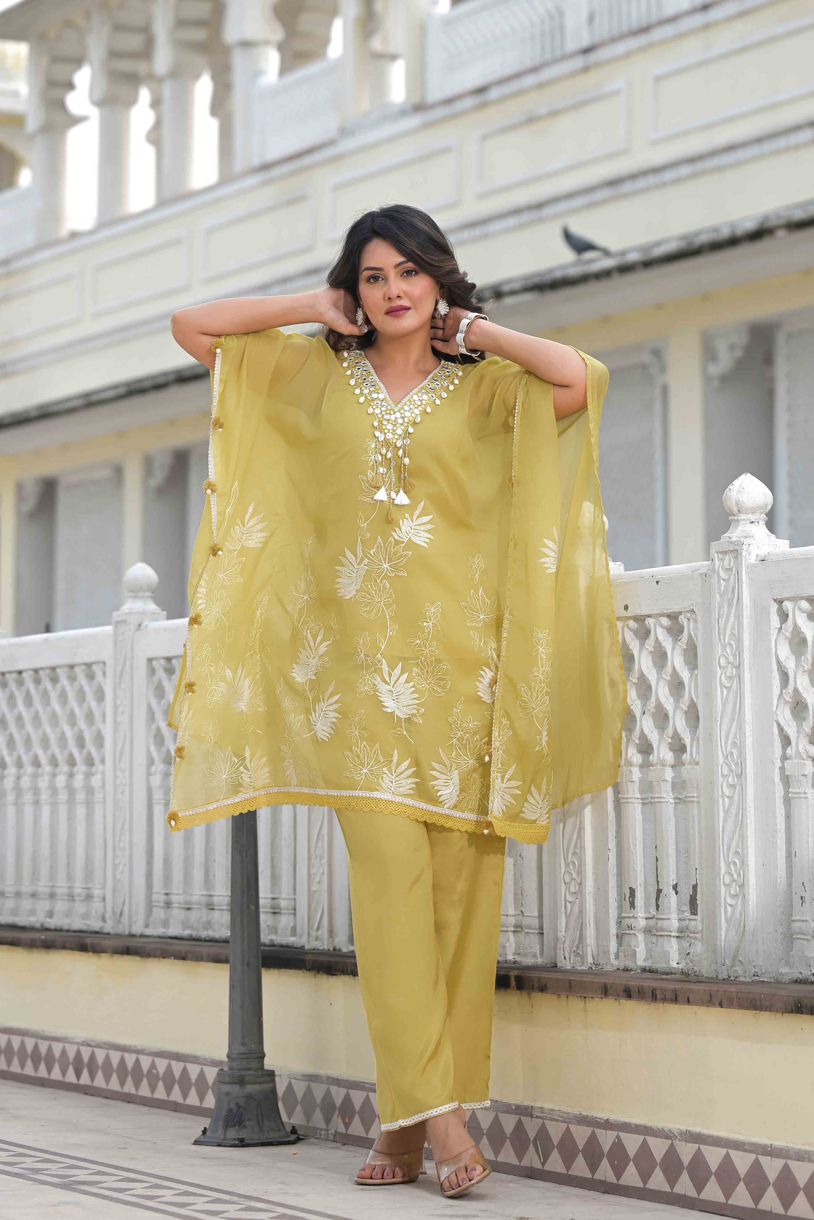 Mustard Organza Embroidered Kaftan Set With Potli Bag