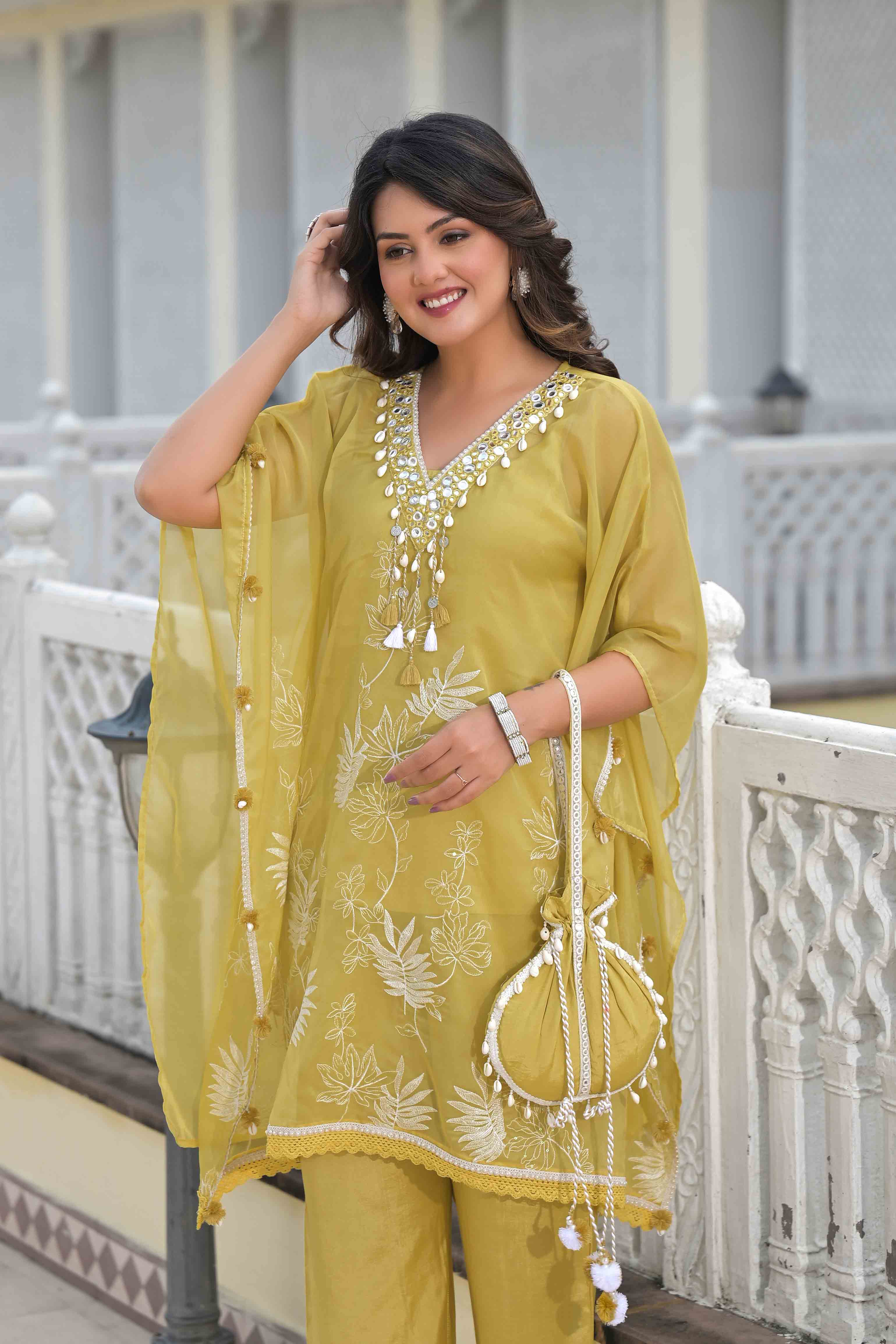 Mustard Organza Embroidered Kaftan Set With Potli Bag