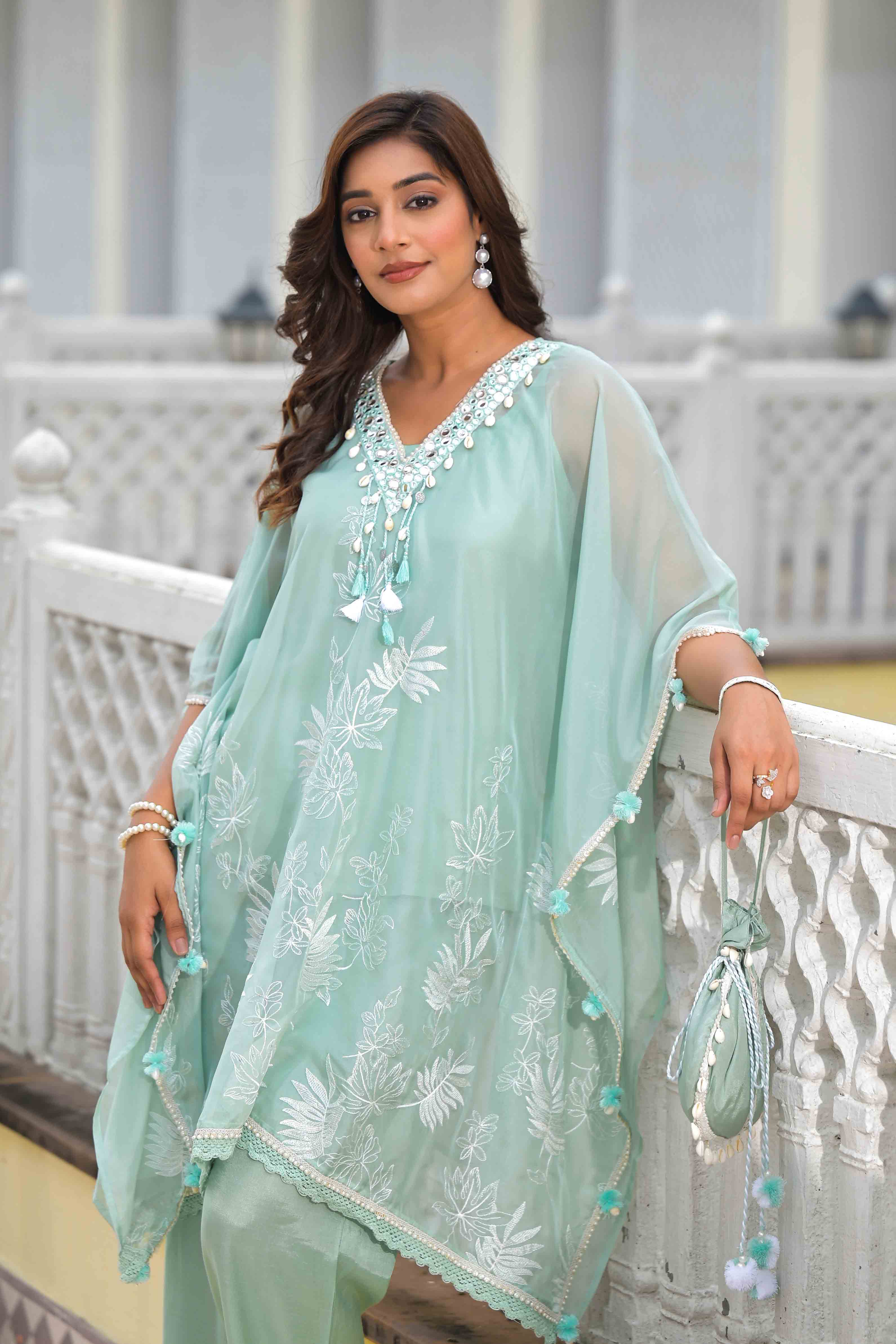 Sea Green Organza Embroidered Kaftan Set With Potli Bag