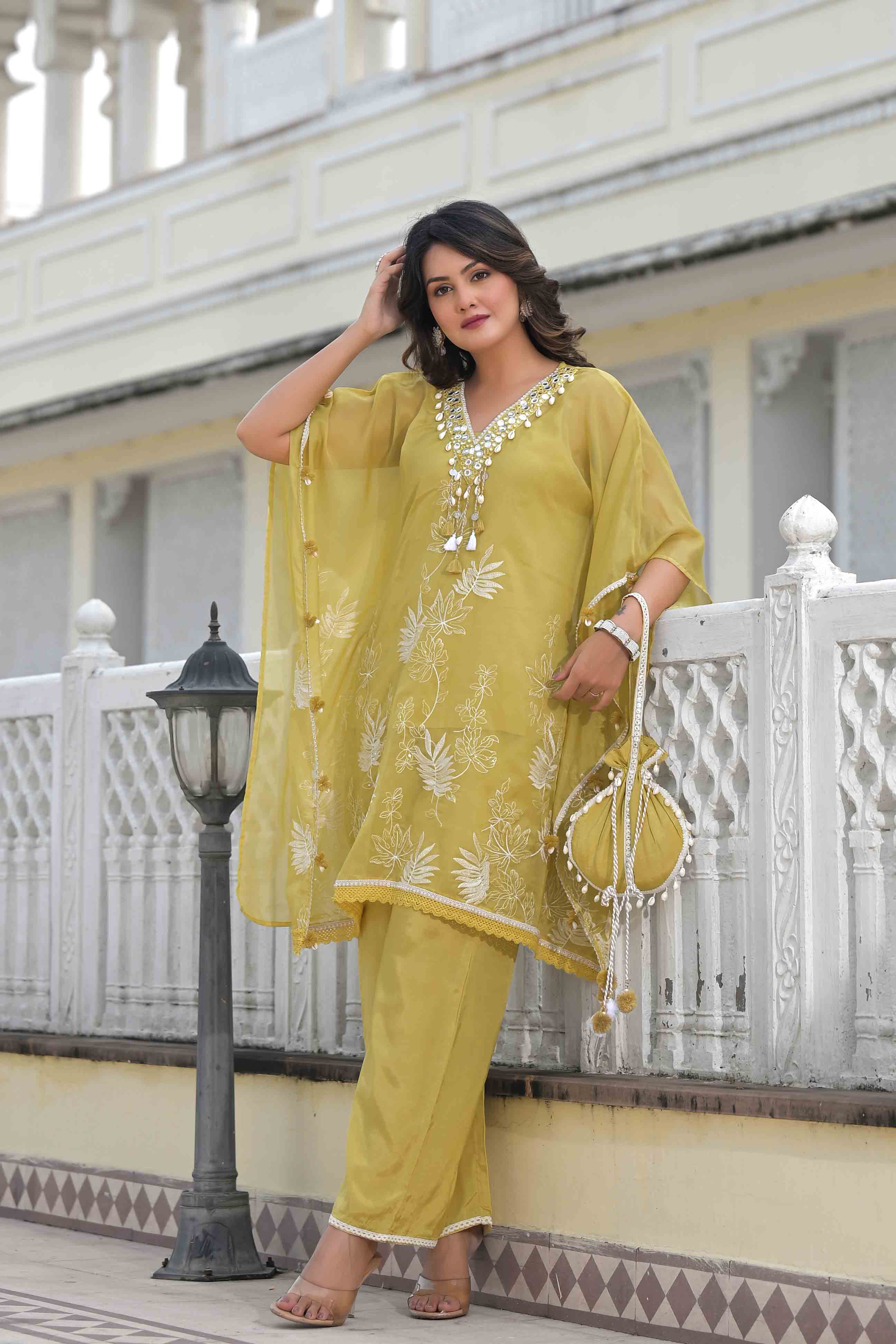 Mustard Organza Embroidered Kaftan Set With Potli Bag