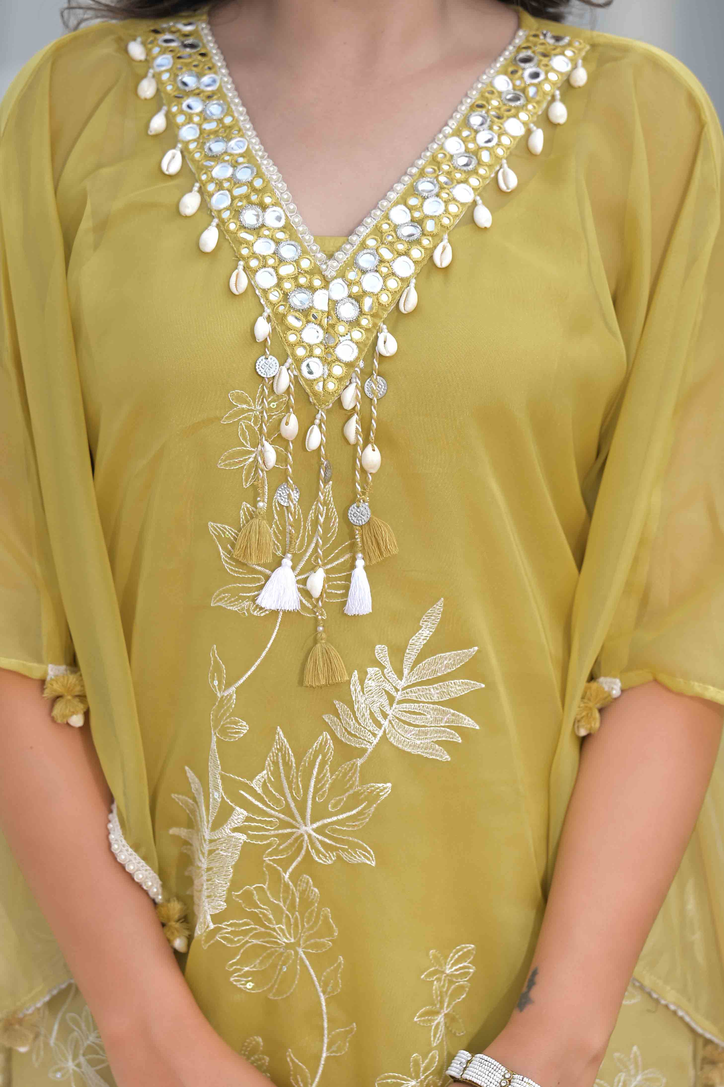 Mustard Organza Embroidered Kaftan Set With Potli Bag