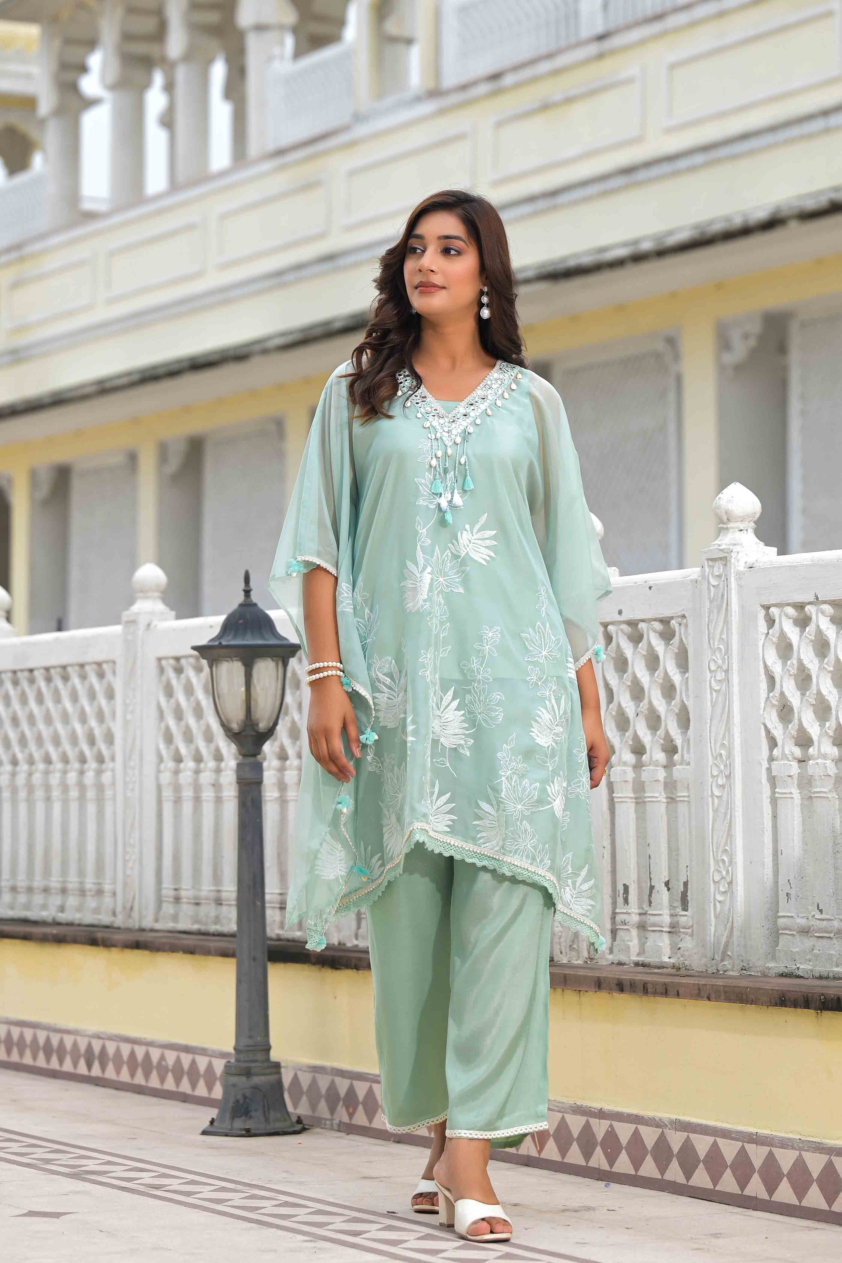 Sea Green Organza Embroidered Kaftan Set With Potli Bag