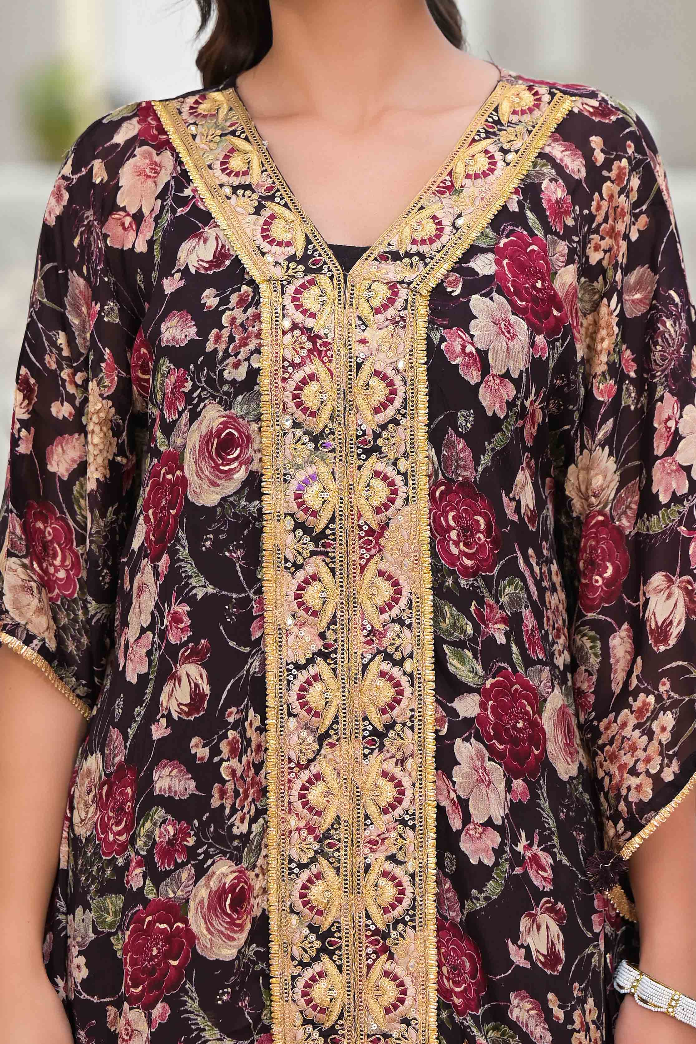 Black Chinon Embroidered Kaftan Set With Potli Bag