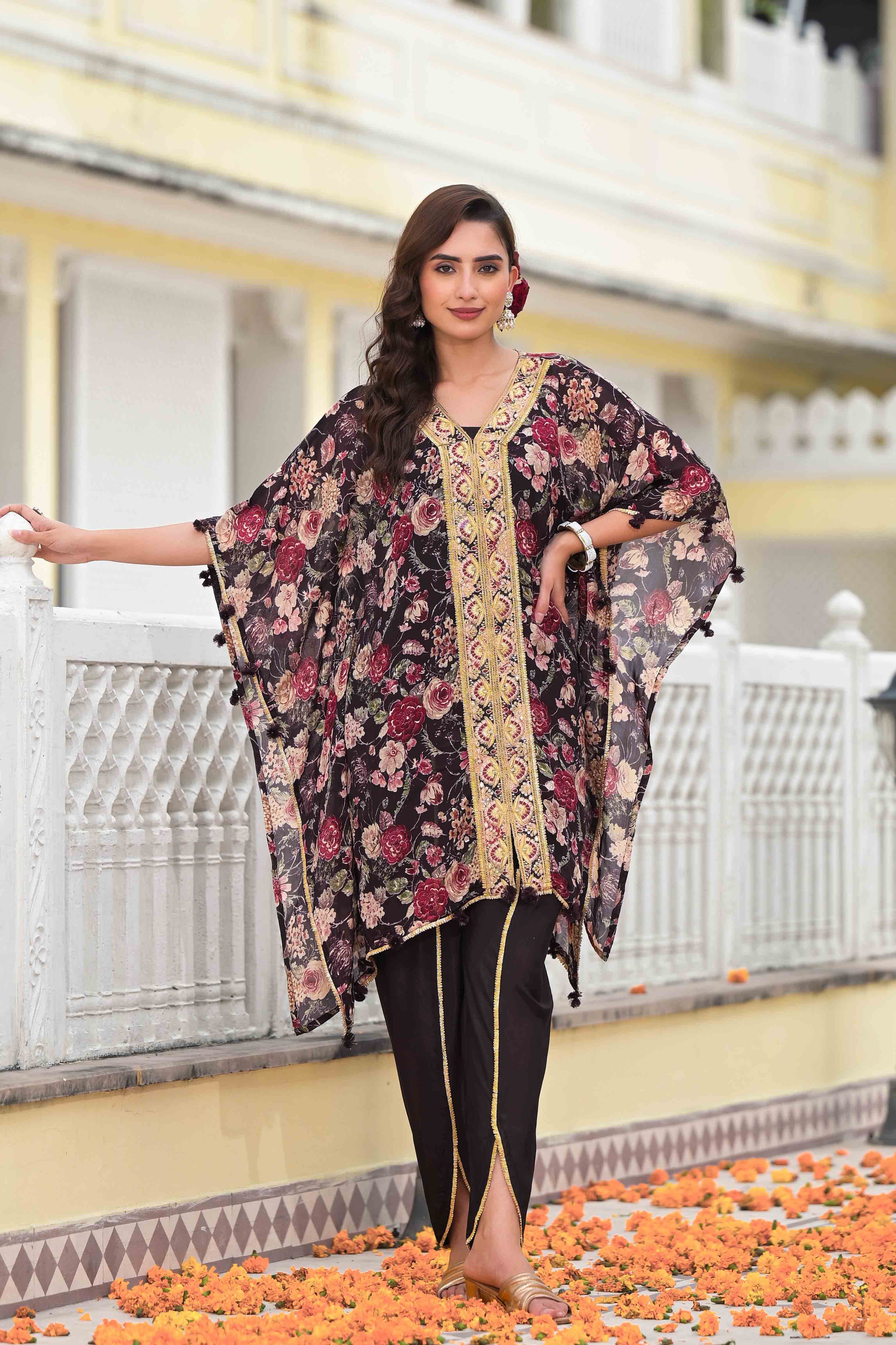 Black Chinon Embroidered Kaftan Set With Potli Bag