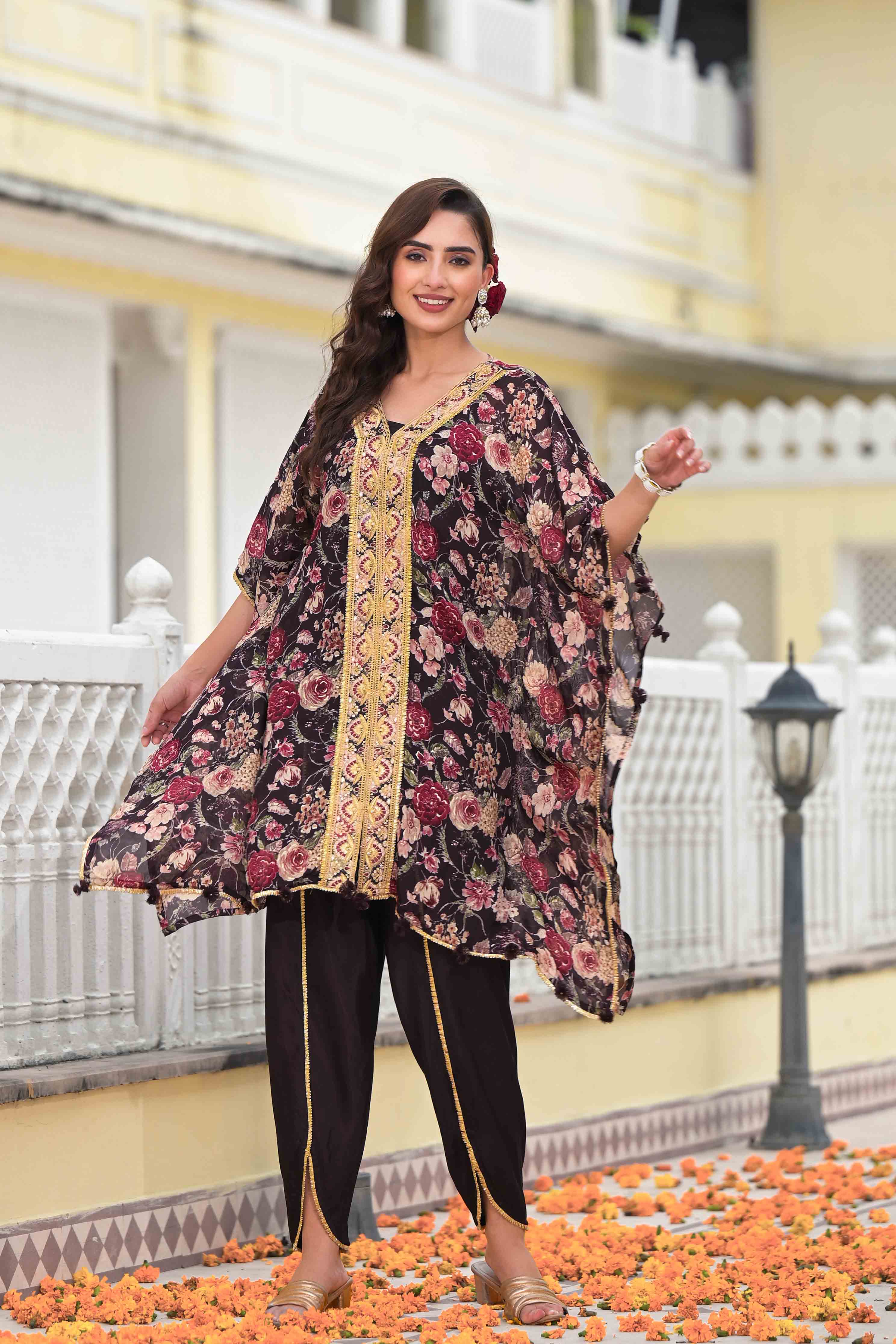 Black Chinon Embroidered Kaftan Set With Potli Bag