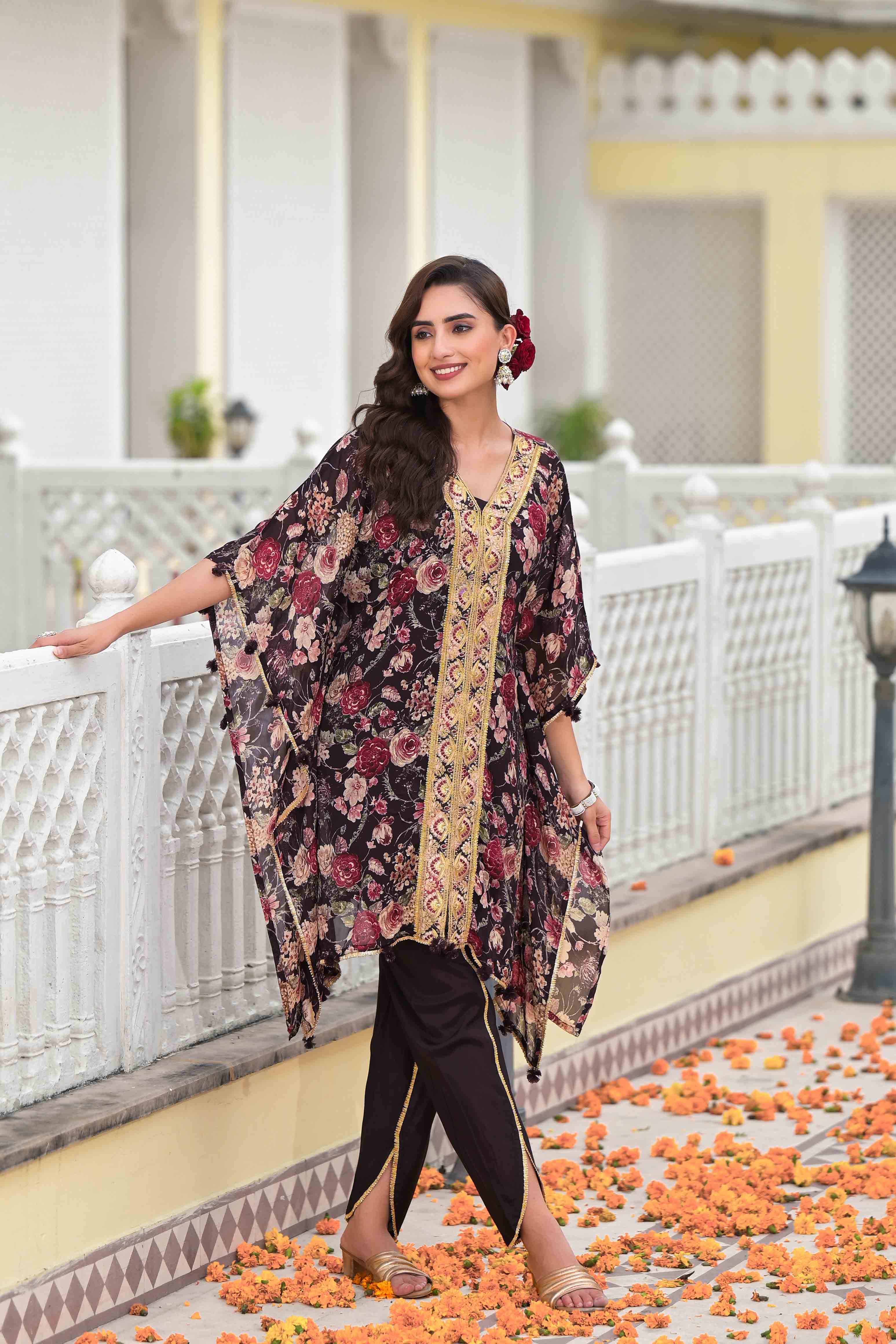 Black Chinon Embroidered Kaftan Set With Potli Bag