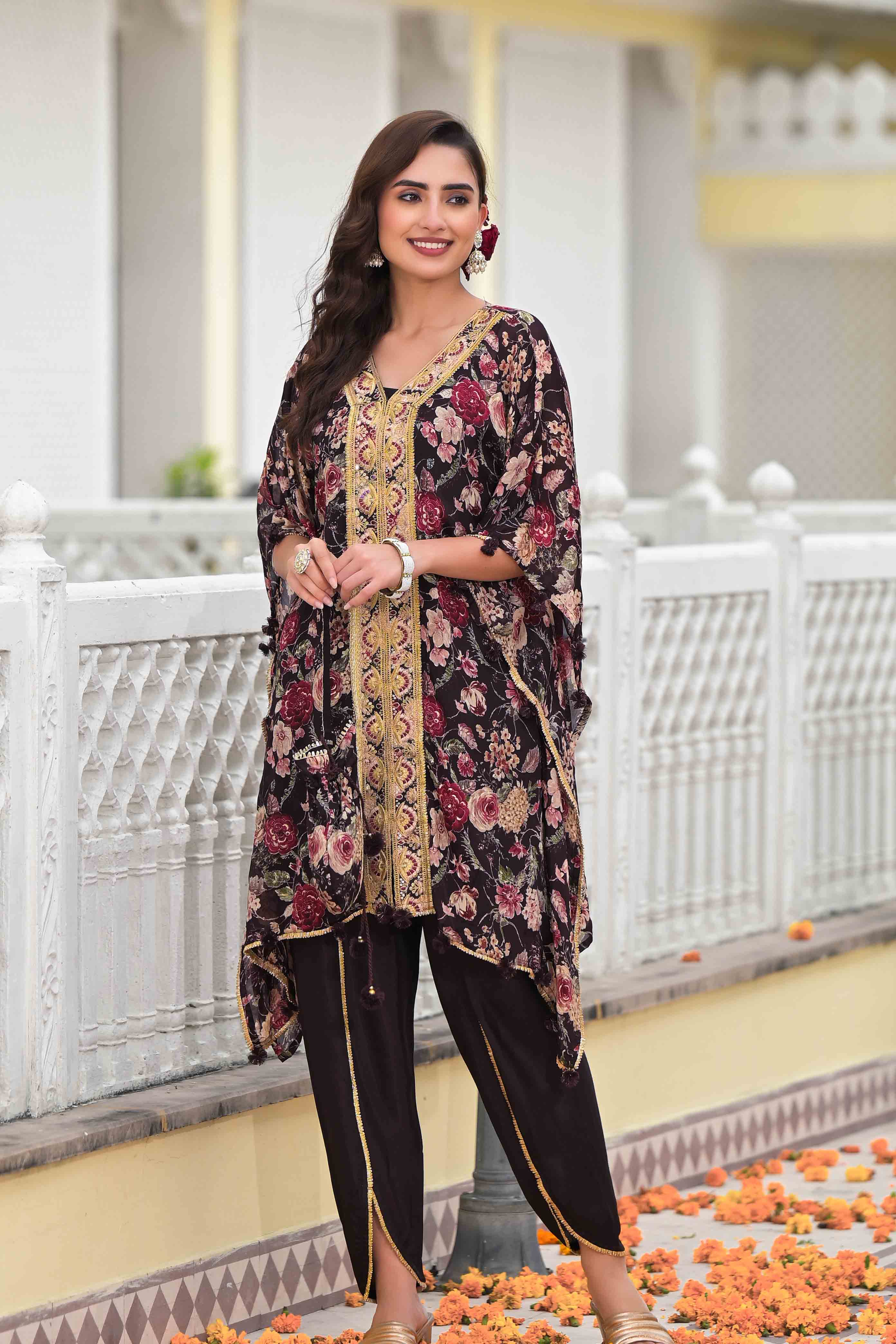 Black Chinon Embroidered Kaftan Set With Potli Bag
