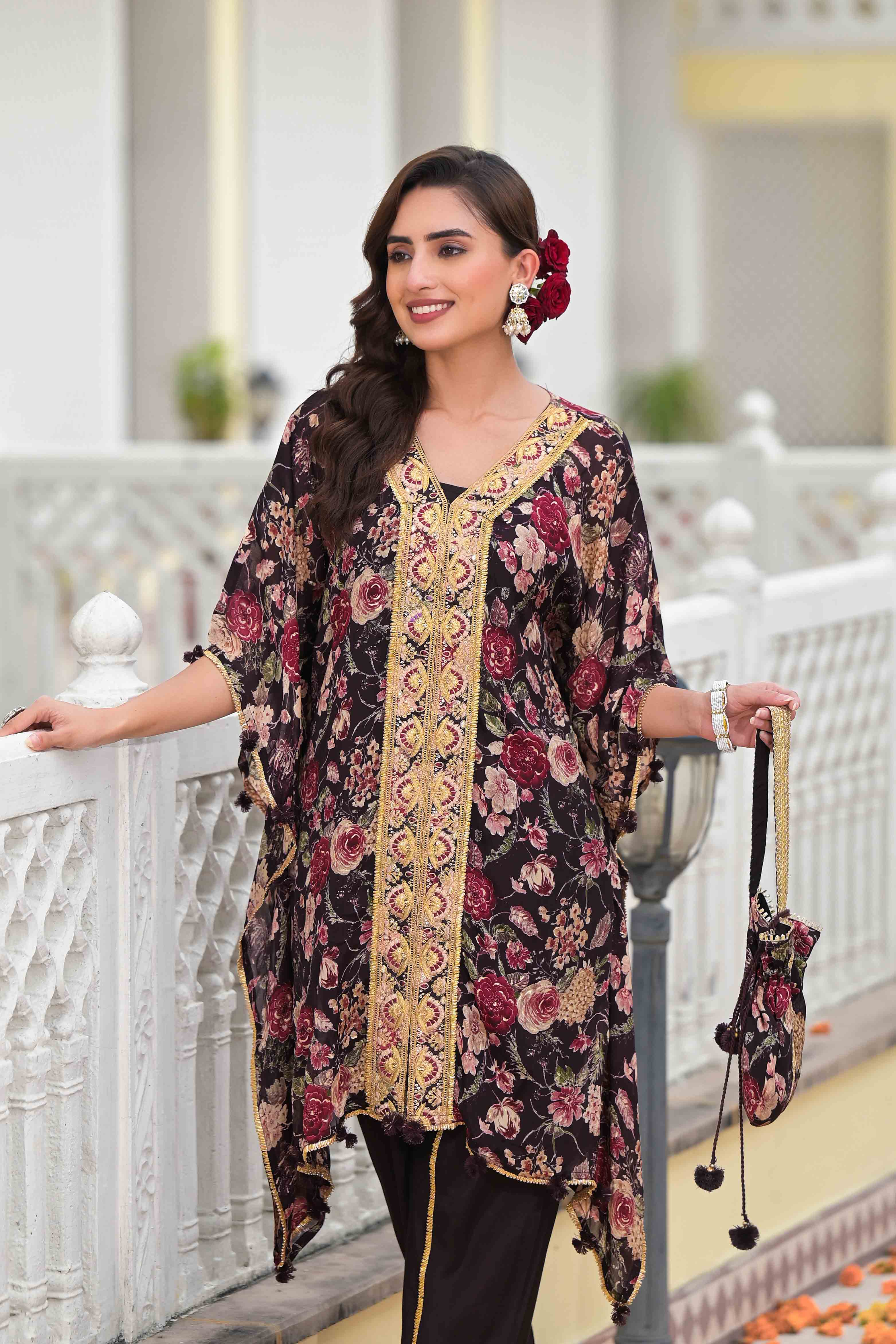 Black Chinon Embroidered Kaftan Set With Potli Bag