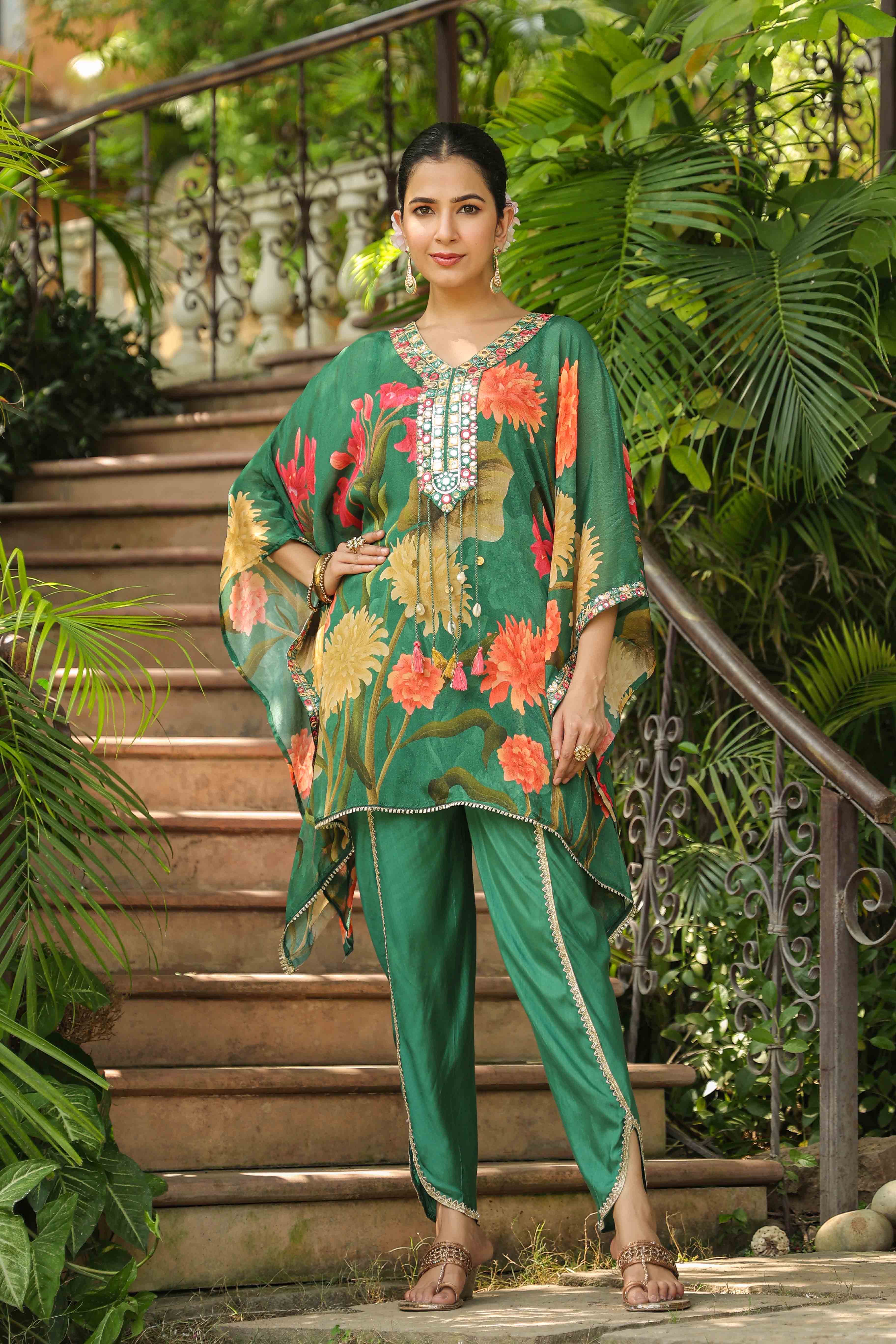 Green Chinon Embroidered Kaftan Set With Potli Bag