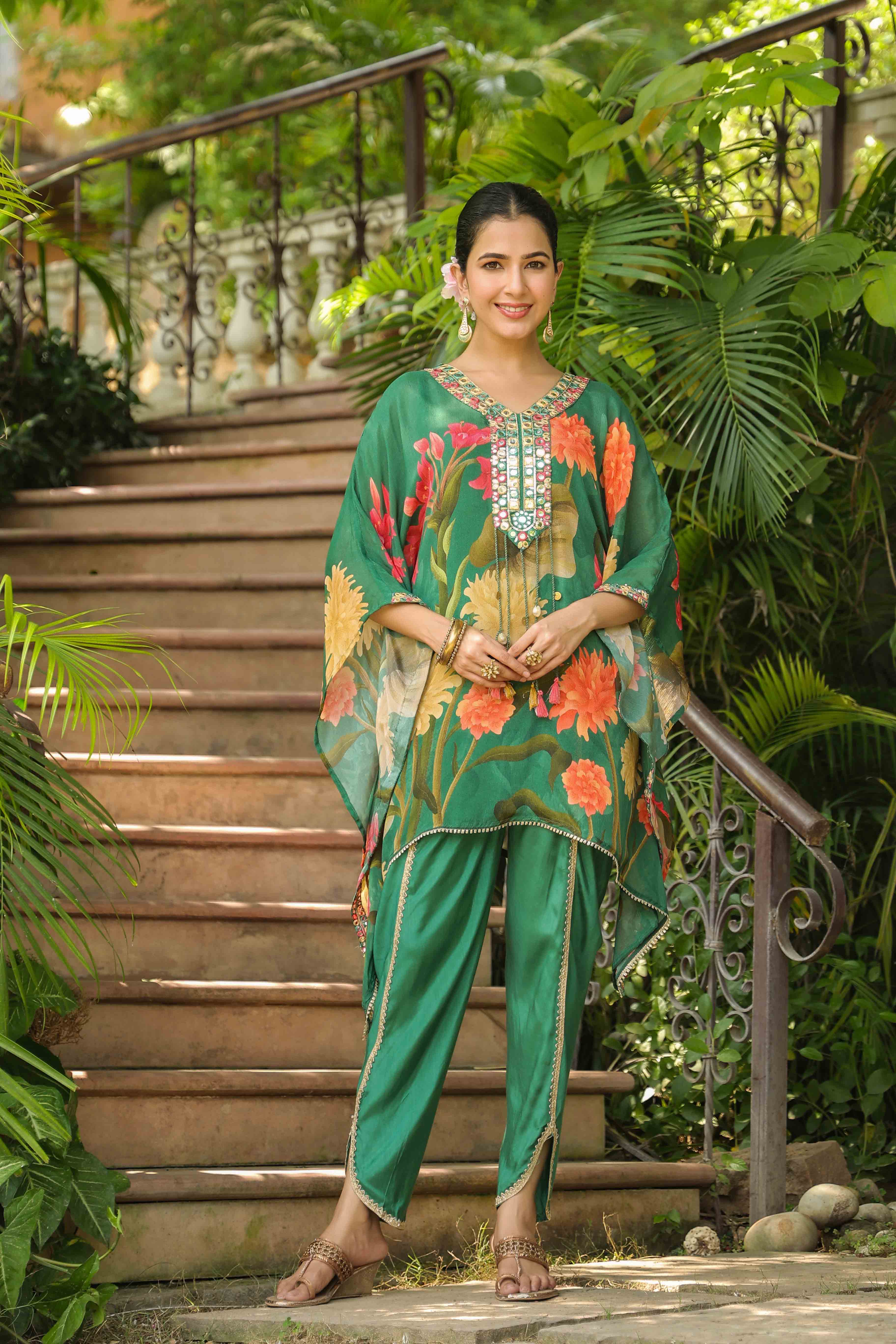 Green Chinon Embroidered Kaftan Set With Potli Bag