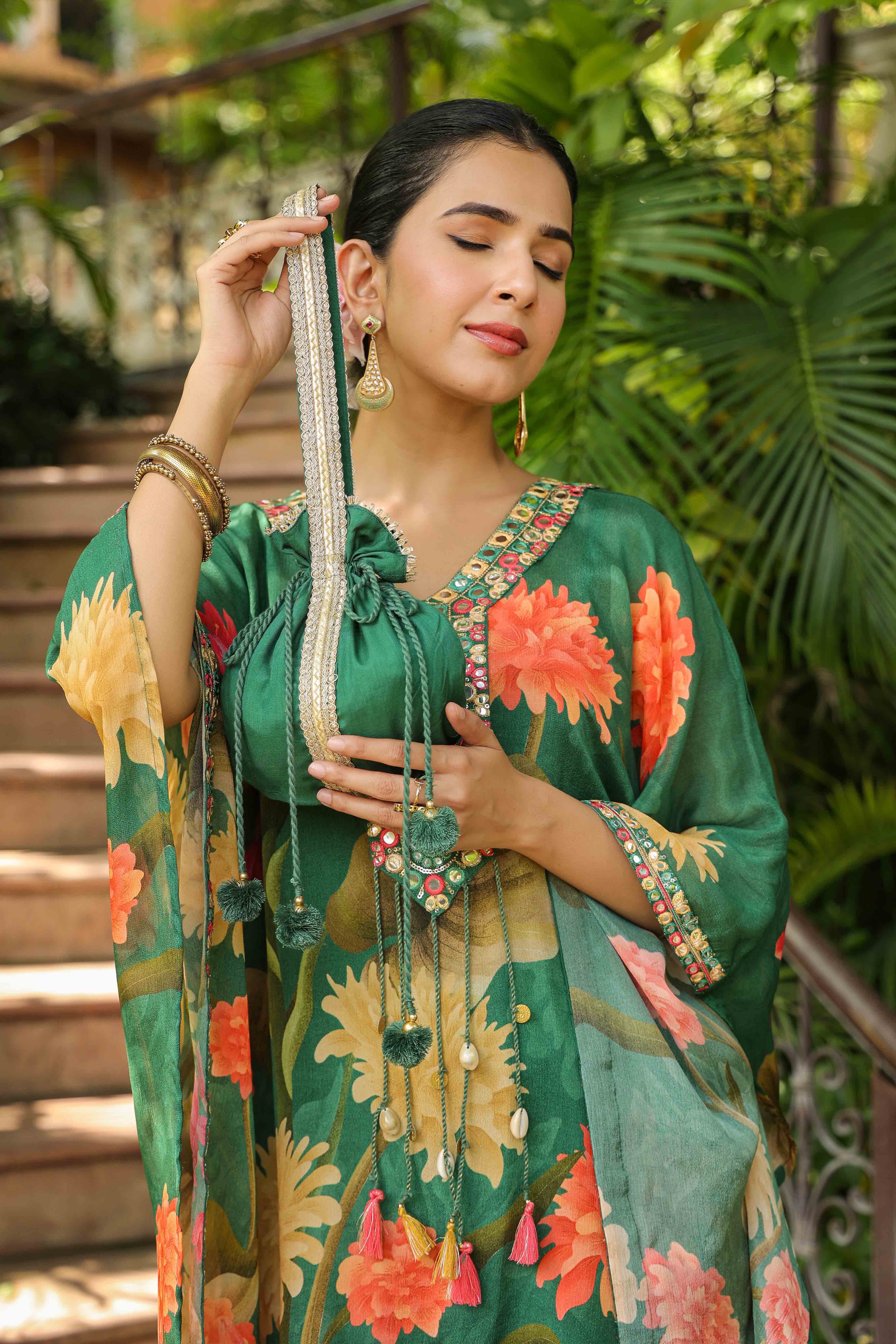 Green Chinon Embroidered Kaftan Set With Potli Bag