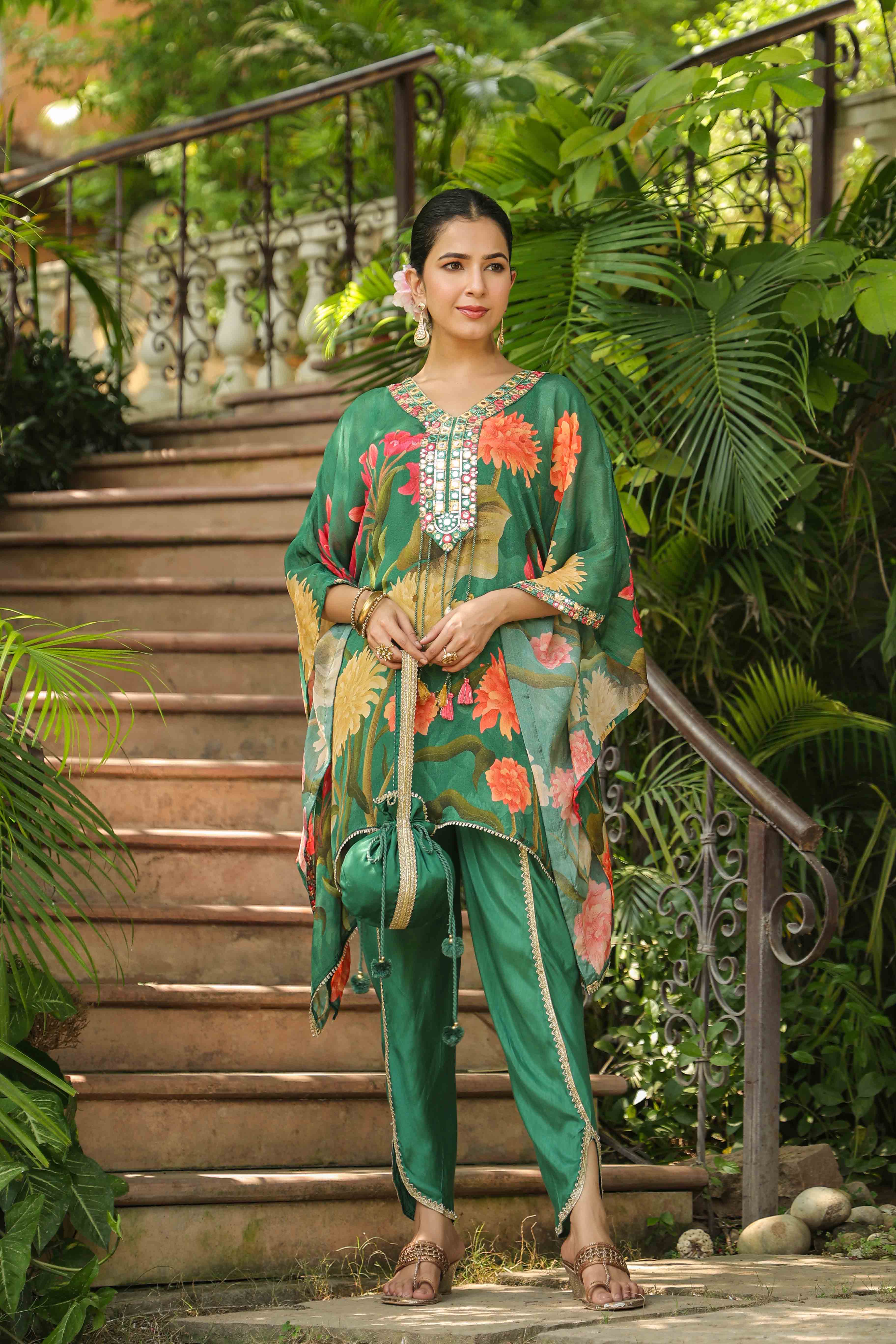 Green Chinon Embroidered Kaftan Set With Potli Bag