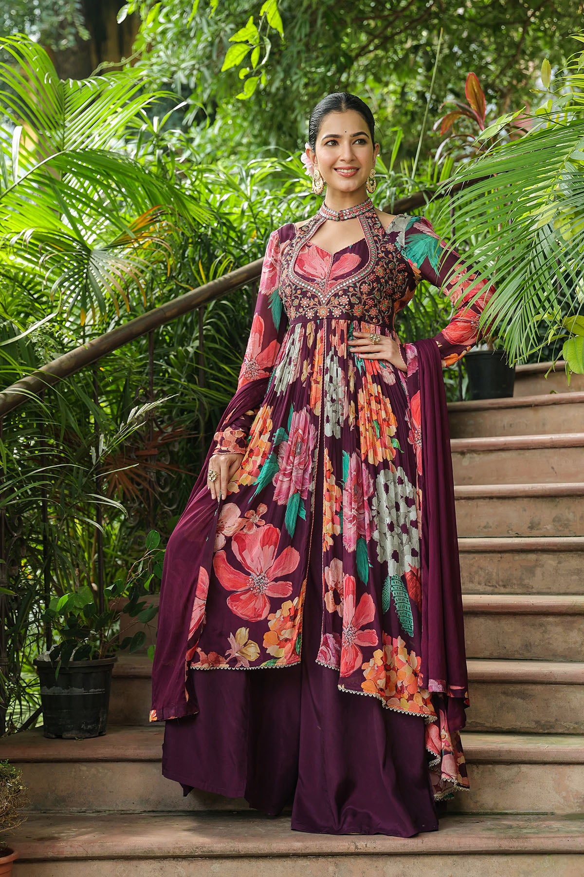 Maroon Floral Chinon Embroidered Anarkali Suit