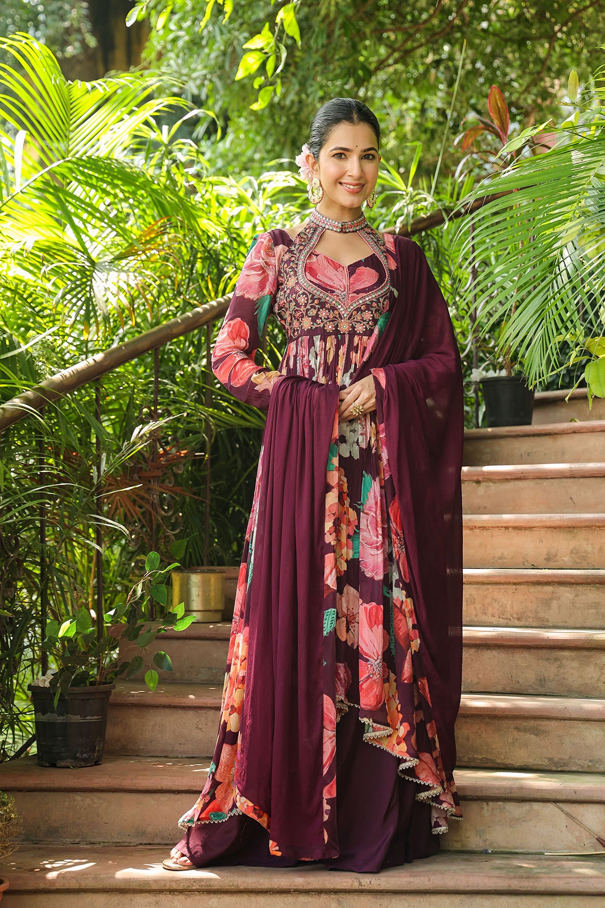 Maroon Floral Chinon Embroidered Anarkali Suit